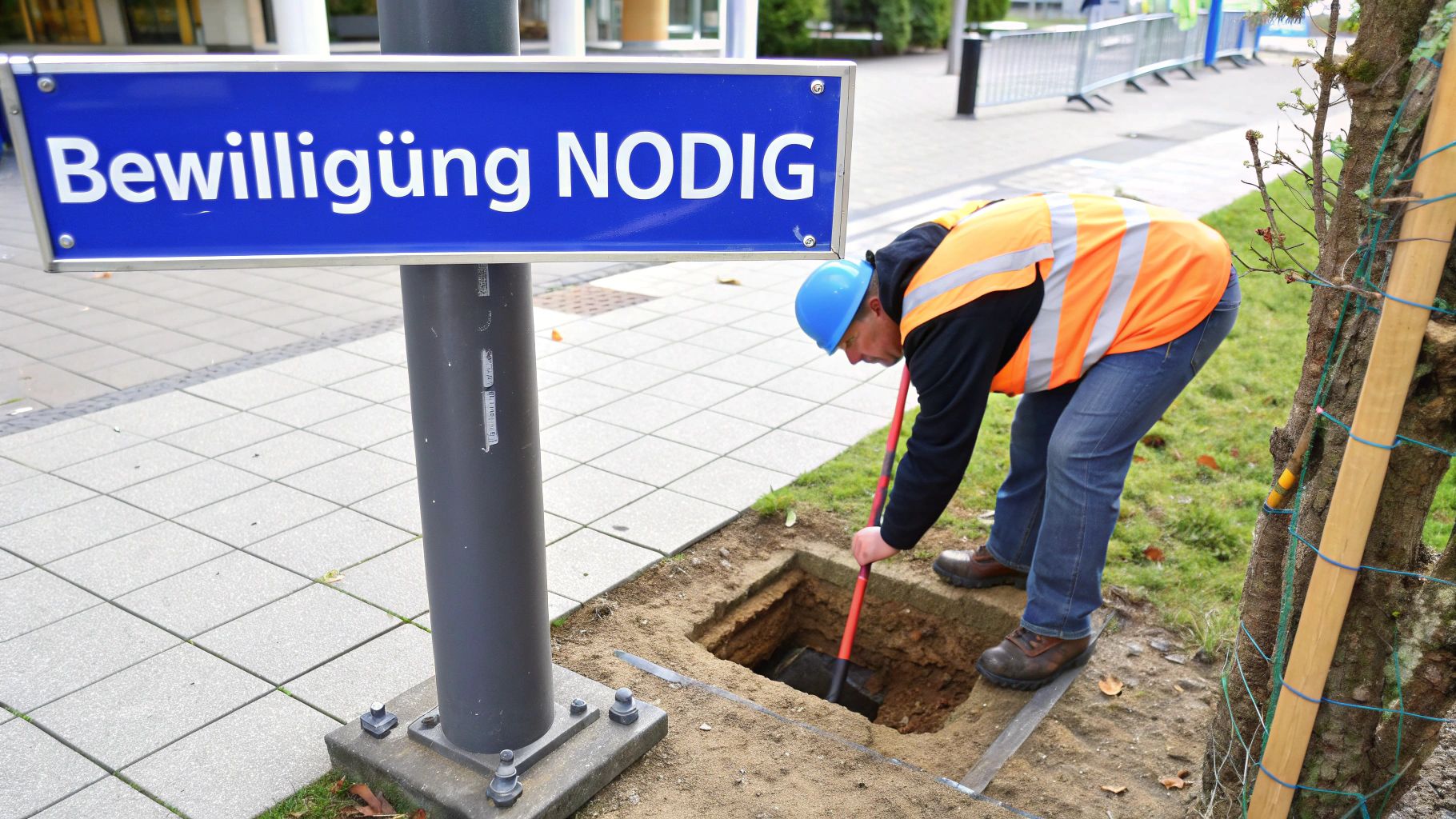 Bauarbeiter in Warnweste gräbt neben Bewilligung NODIG Schild bei Straßenbauarbeiten