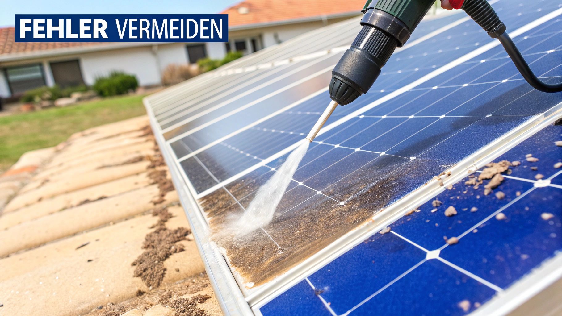 Reinigung von verschmutzten Solarpanelen mit Hochdruckreiniger zur Vermeidung von Leistungsverlusten der Photovoltaikanlage