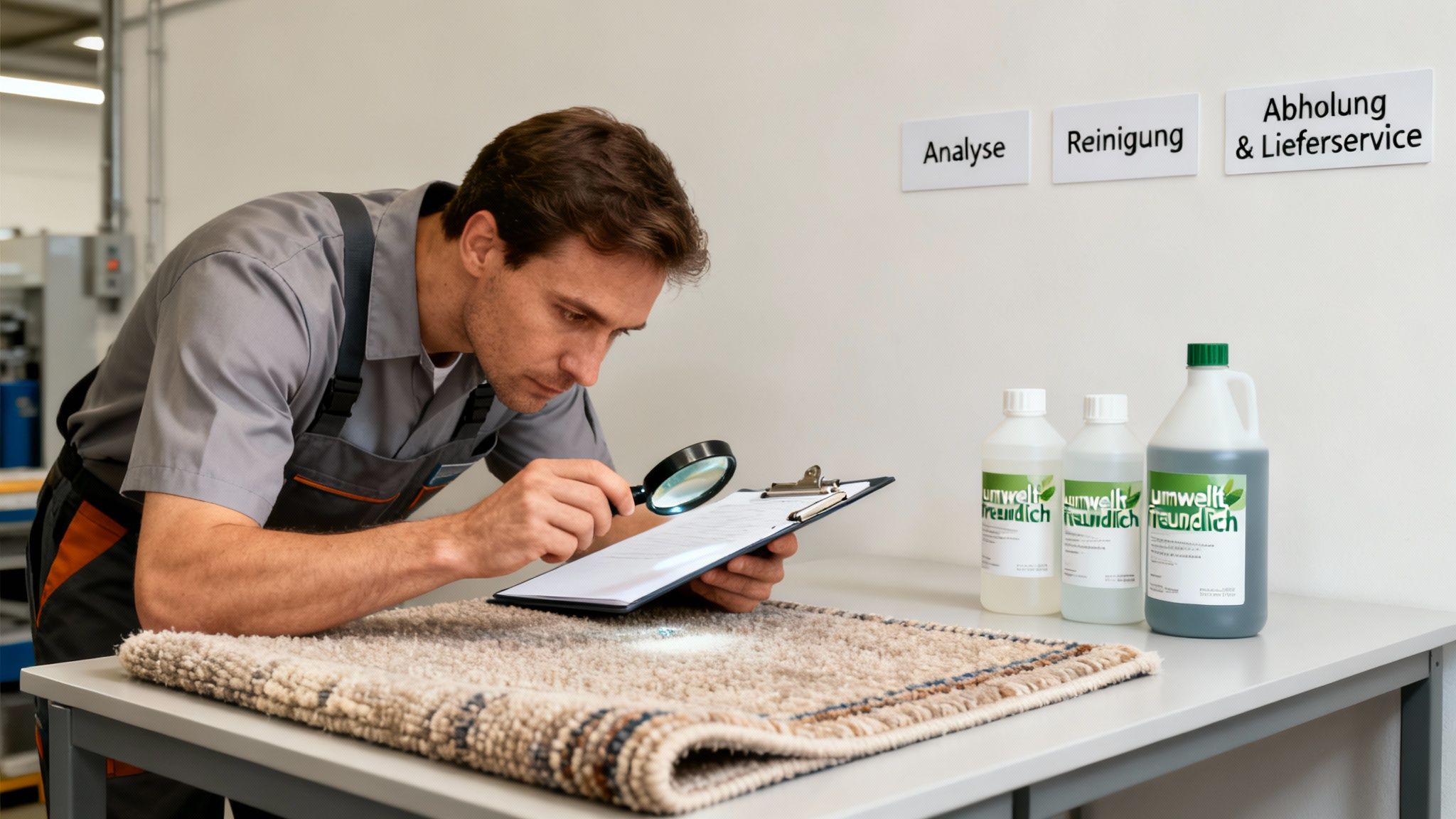Mitarbeiter untersucht Teppich mit Lupe für professionelle Reinigung, umweltfreundliche Produkte bereit.