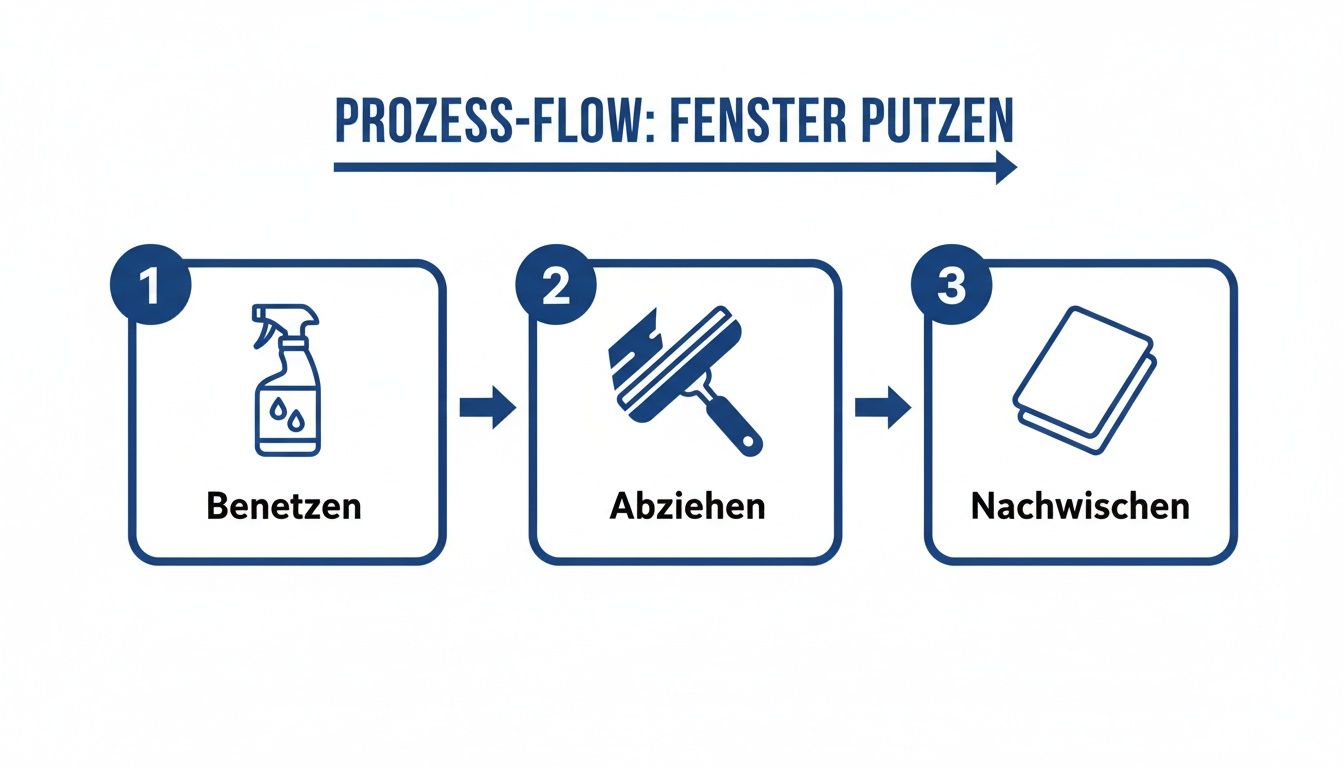 Ein Prozess-Flow-Diagramm erklärt die drei Schritte der Fensterreinigung: Benetzen, Abziehen und Nachwischen mit Icons.