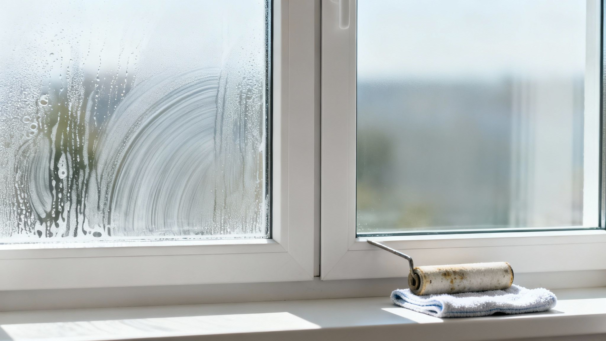 Fensterreinigung mit Seifenresten auf der Scheibe und Putzwerkzeug auf der Fensterbank.