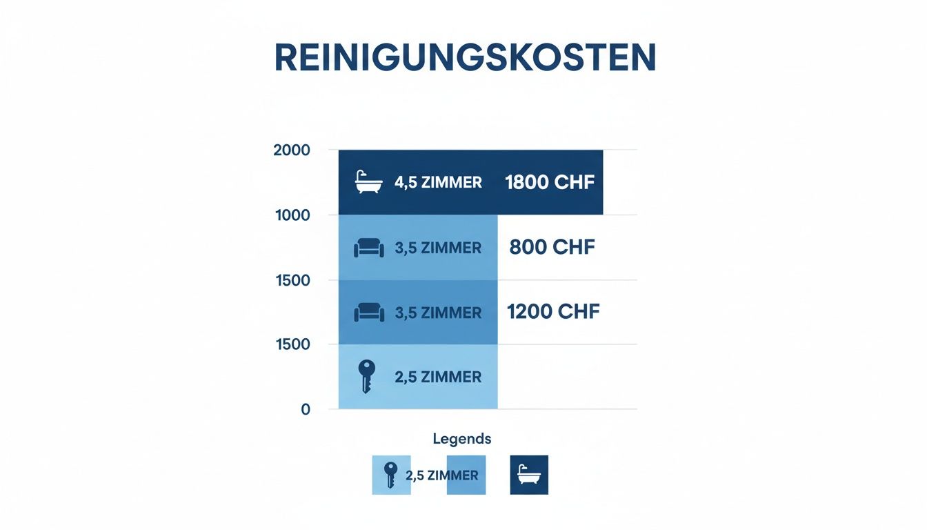 Balkendiagramm zeigt Reinigungskosten für Wohnungen nach Zimmeranzahl, inklusive 4,5 und 3,5 Zimmer.