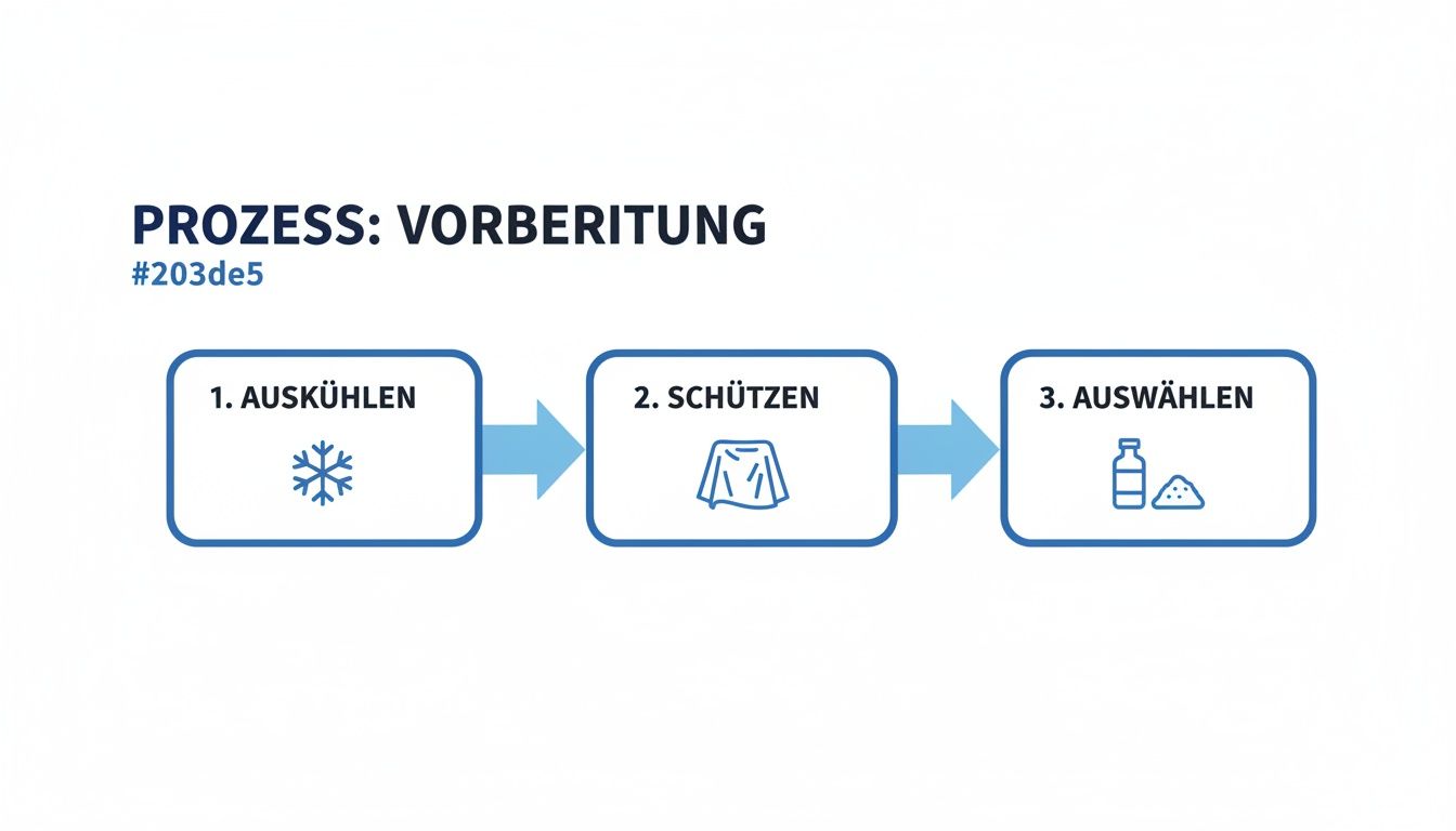 Ablaufdiagramm, das den Vorbereitungsprozess in drei Schritten zeigt: Abkühlen, Schützen, Auswählen.