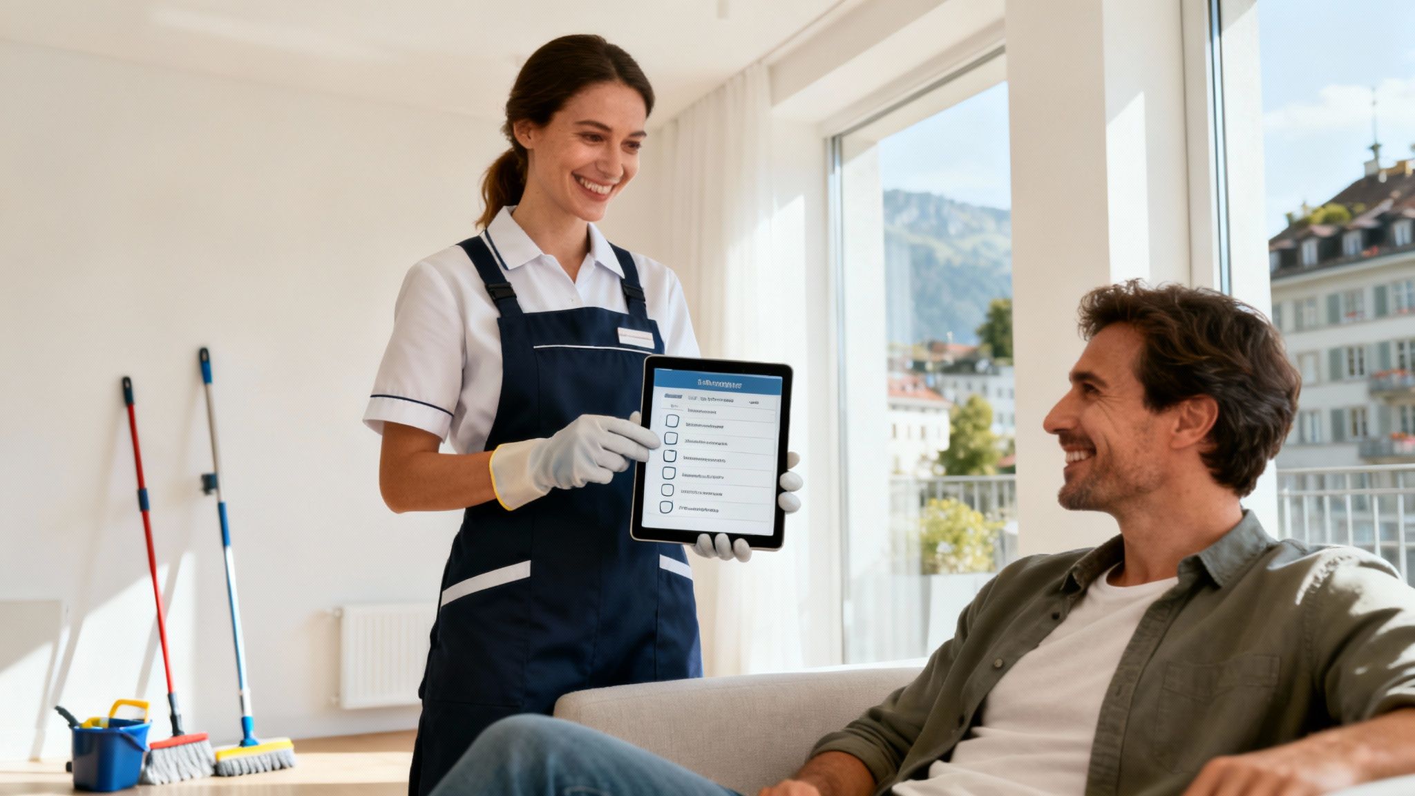 Lachende Reinigungsfachkraft zeigt einem Kunden auf einem Tablet eine Checkliste für die Wohnungsreinigung.