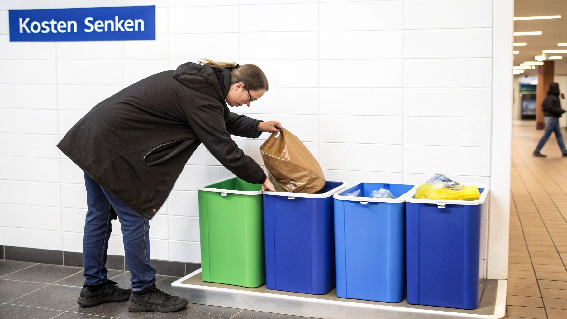 Person entsorgt braune Papiertüte in blaue Mülltonne zur Abfalltrennung am Bahnhof