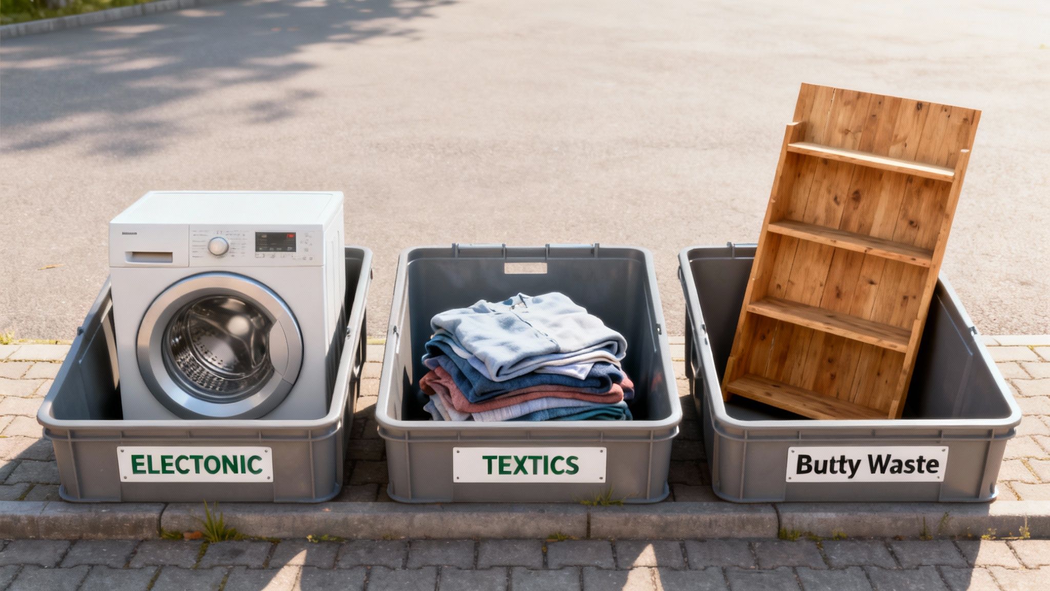 Drei Recyclingbehälter für Elektroschrott (Waschmaschine), Textilien (Kleidung) und Holz (Regal) stehen auf einem gepflasterten Bereich.