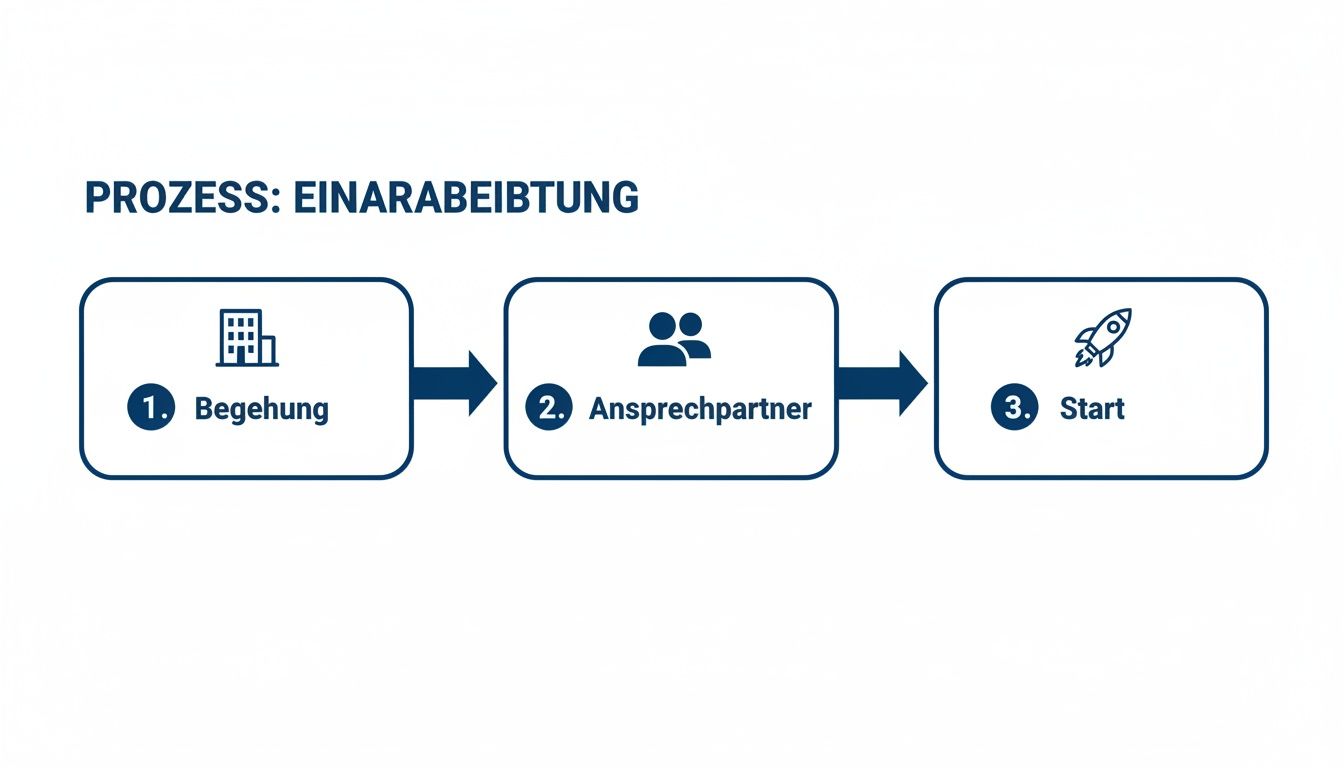 Flussdiagramm zeigt den dreistufigen Einarbeitungsprozess: Begehung, Ansprechpartner und Start.