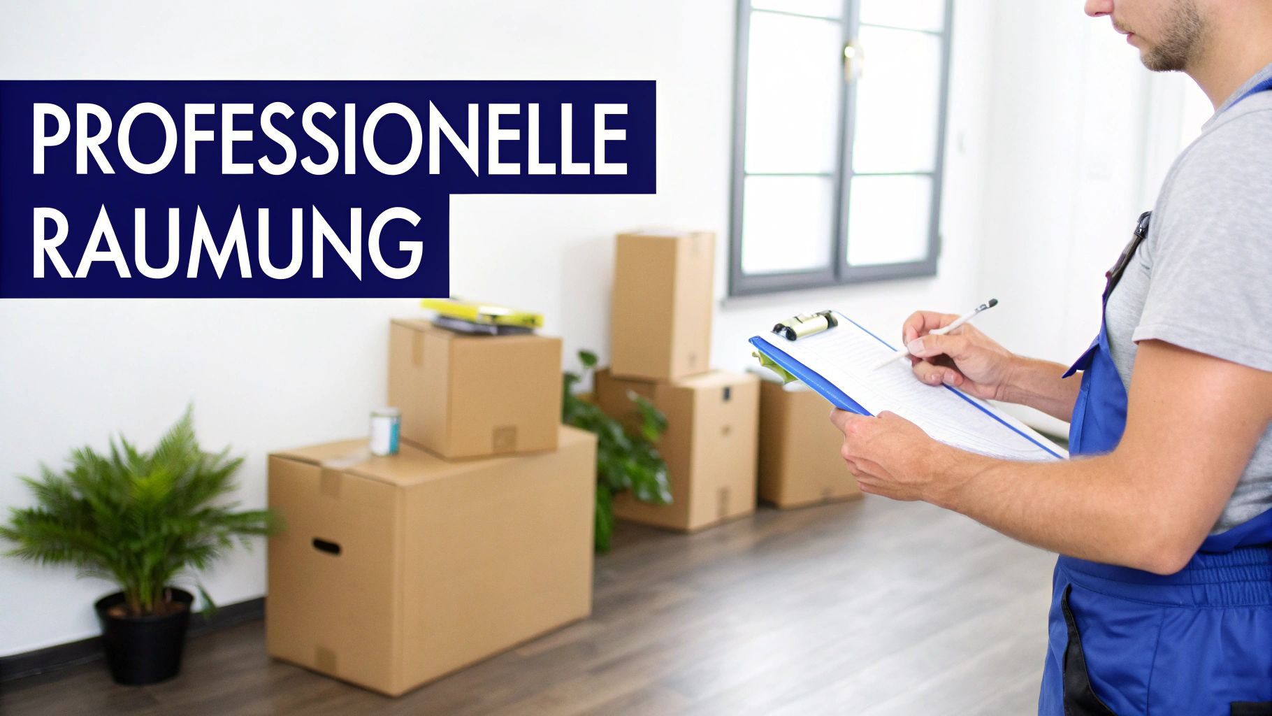 Ein professionelles Team bei einer Räumung, das Möbel und Kisten in einen Transporter lädt.