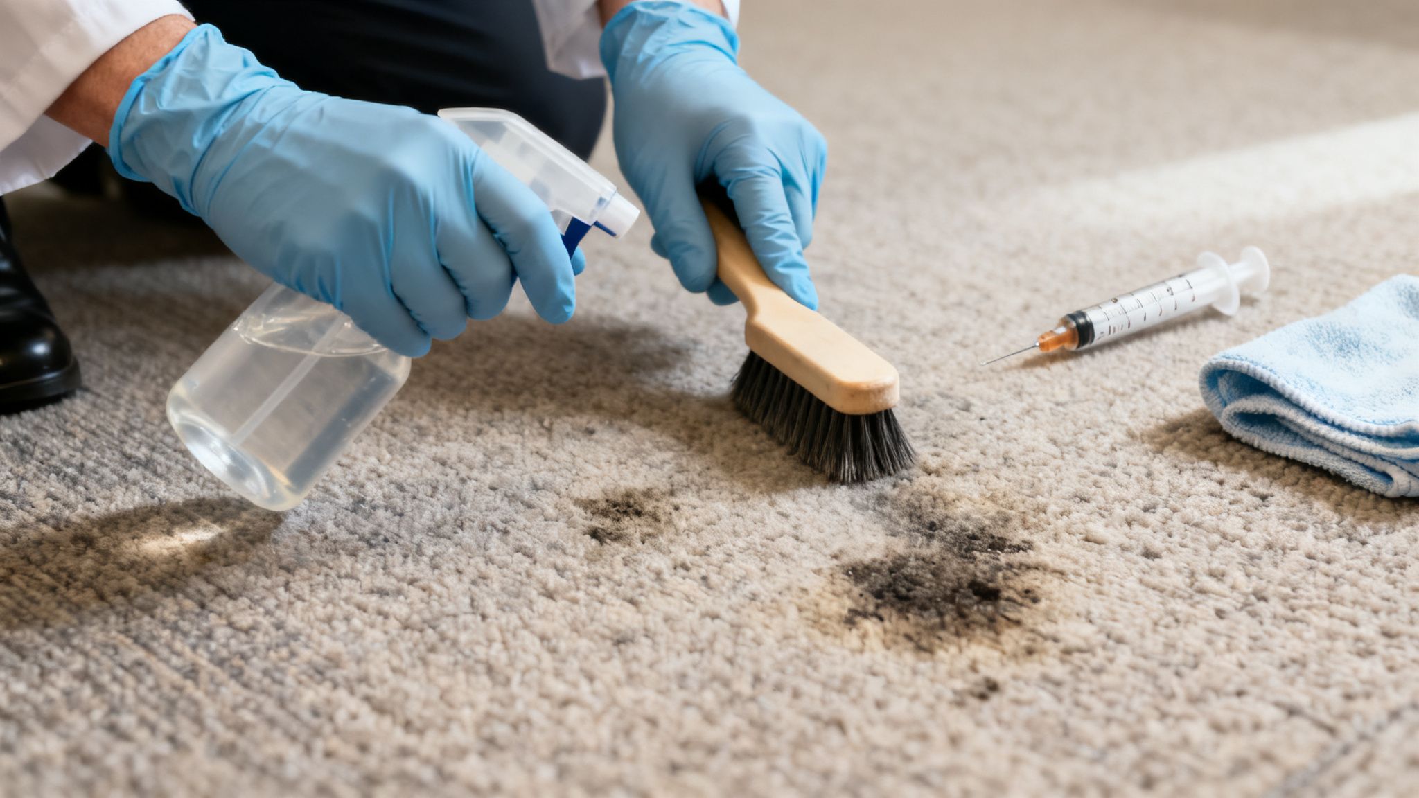 Hände in blauen Handschuhen reinigen Teppichflecken mit Spray und Bürste; eine Spritze liegt daneben.