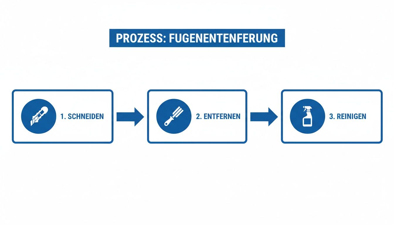 Flussdiagramm zeigt den dreistufigen Prozess der Fugenentfernung: Schneiden, Entfernen und Reinigen.