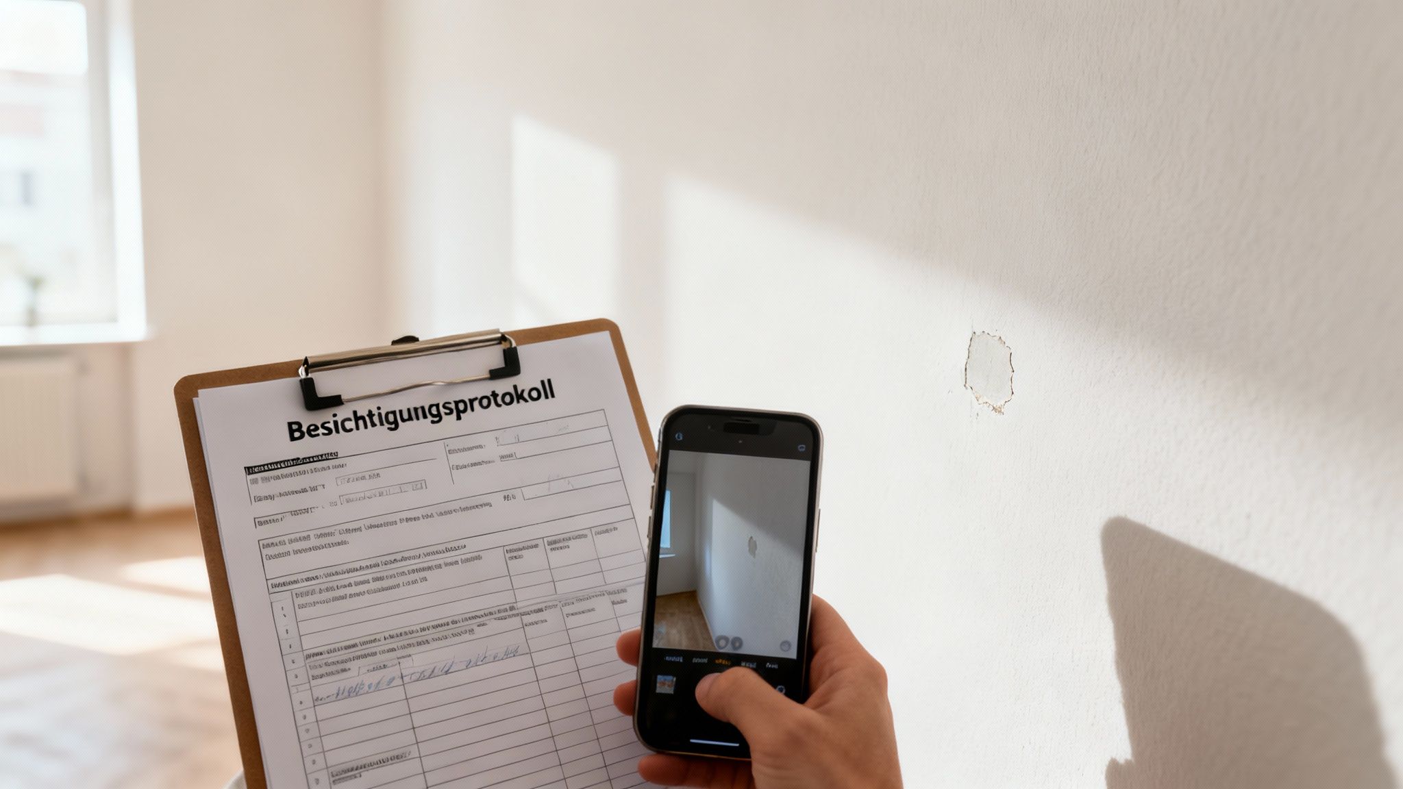 Eine Person dokumentiert Wandschäden mit einem Smartphone und Besichtigungsprotokoll für einen Umzug.
