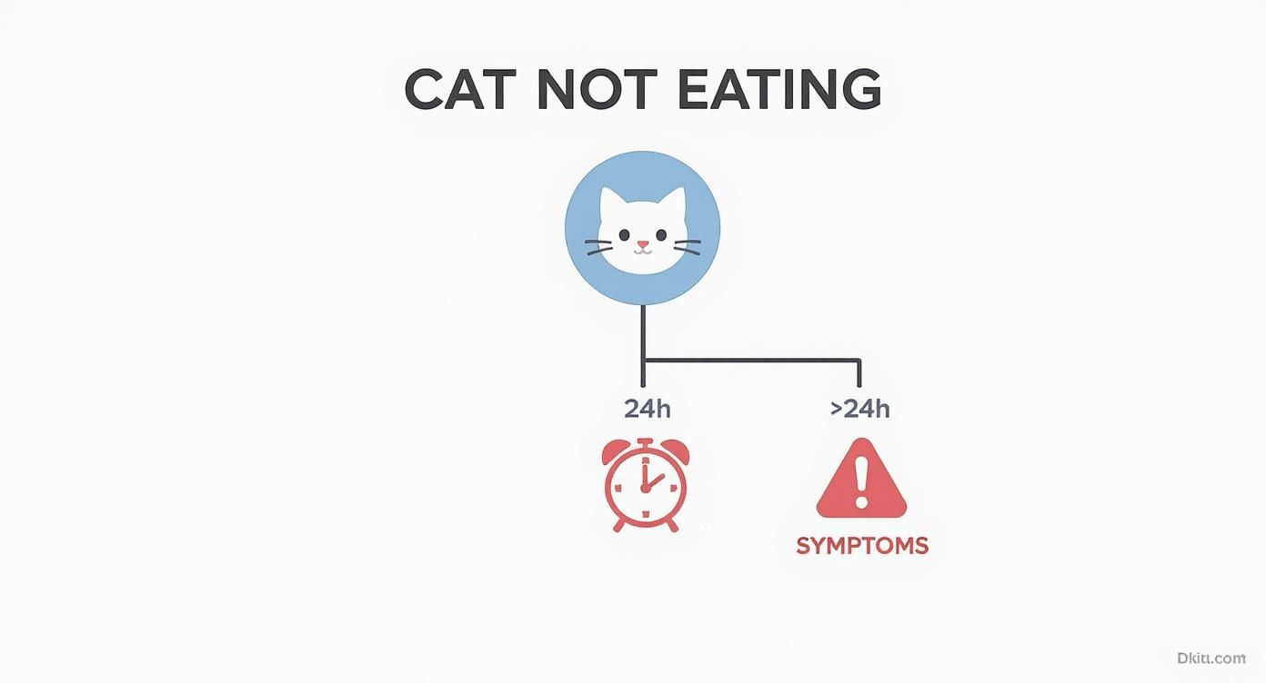 Ein Flussdiagramm zeigt, was zu tun ist, wenn eine Katze weniger oder länger als 24 Stunden nichts frisst.
