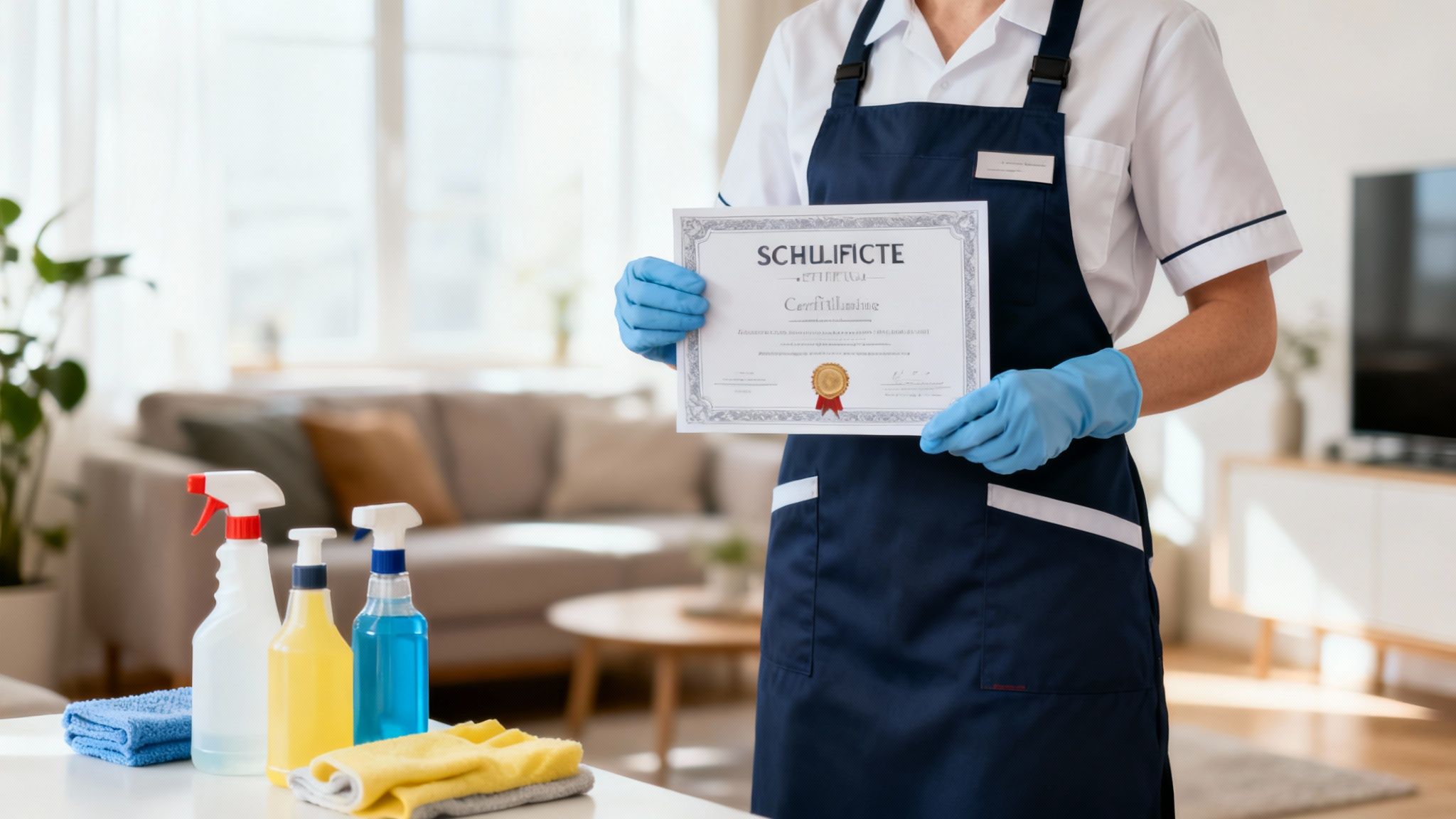 Putzfrau in Schürze und Handschuhen hält ein Zertifikat, im Vordergrund Putzmittel.
