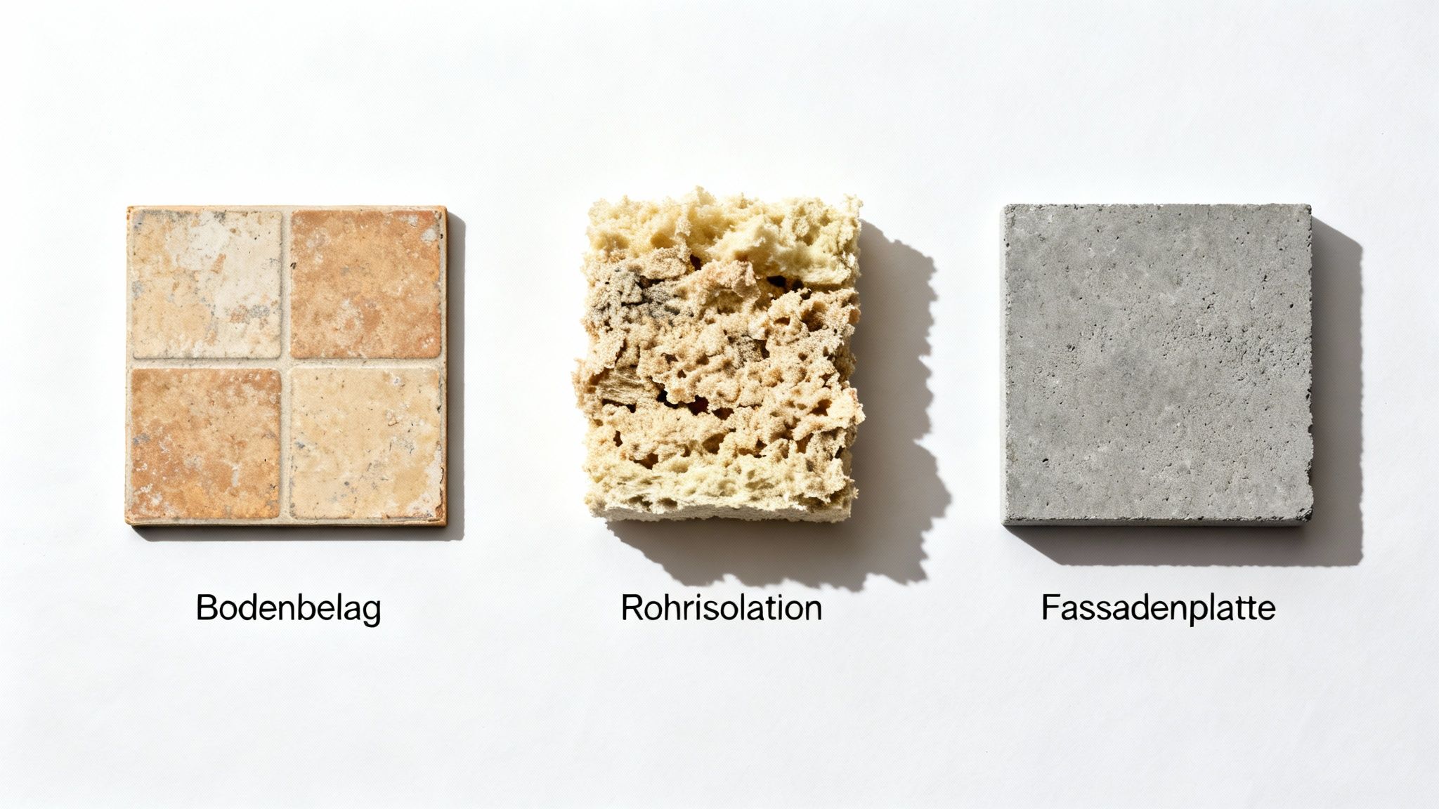 Drei verschiedene Baumaterialien: Bodenbelag, Rohrisolation und Fassadenplatte, auf weißem Hintergrund.