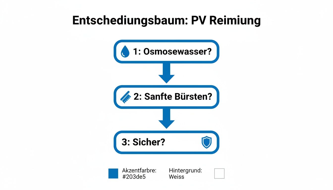 Entscheidungsbaum zur PV-Reinigung: Schritte mit Osmosewasser, sanften Bürsten und Sicherheitsaspekten illustriert.