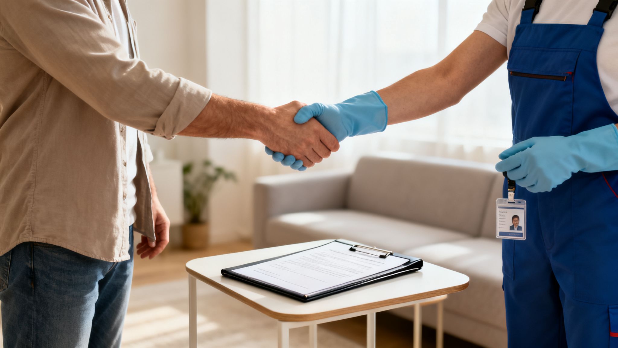 Kunde und Reinigungskraft schütteln sich die Hände im Wohnzimmer, ein Vertrag liegt auf dem Tisch.