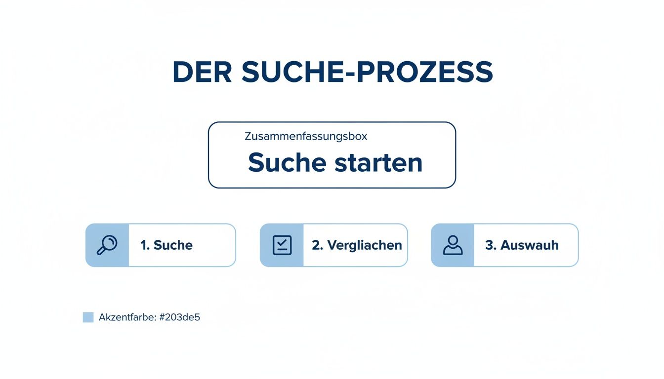 Diagramm des Suchprozesses mit drei Schritten: Suche, Vergleichen und Auswahl. Eine Überschrift lautet „Suche starten“.