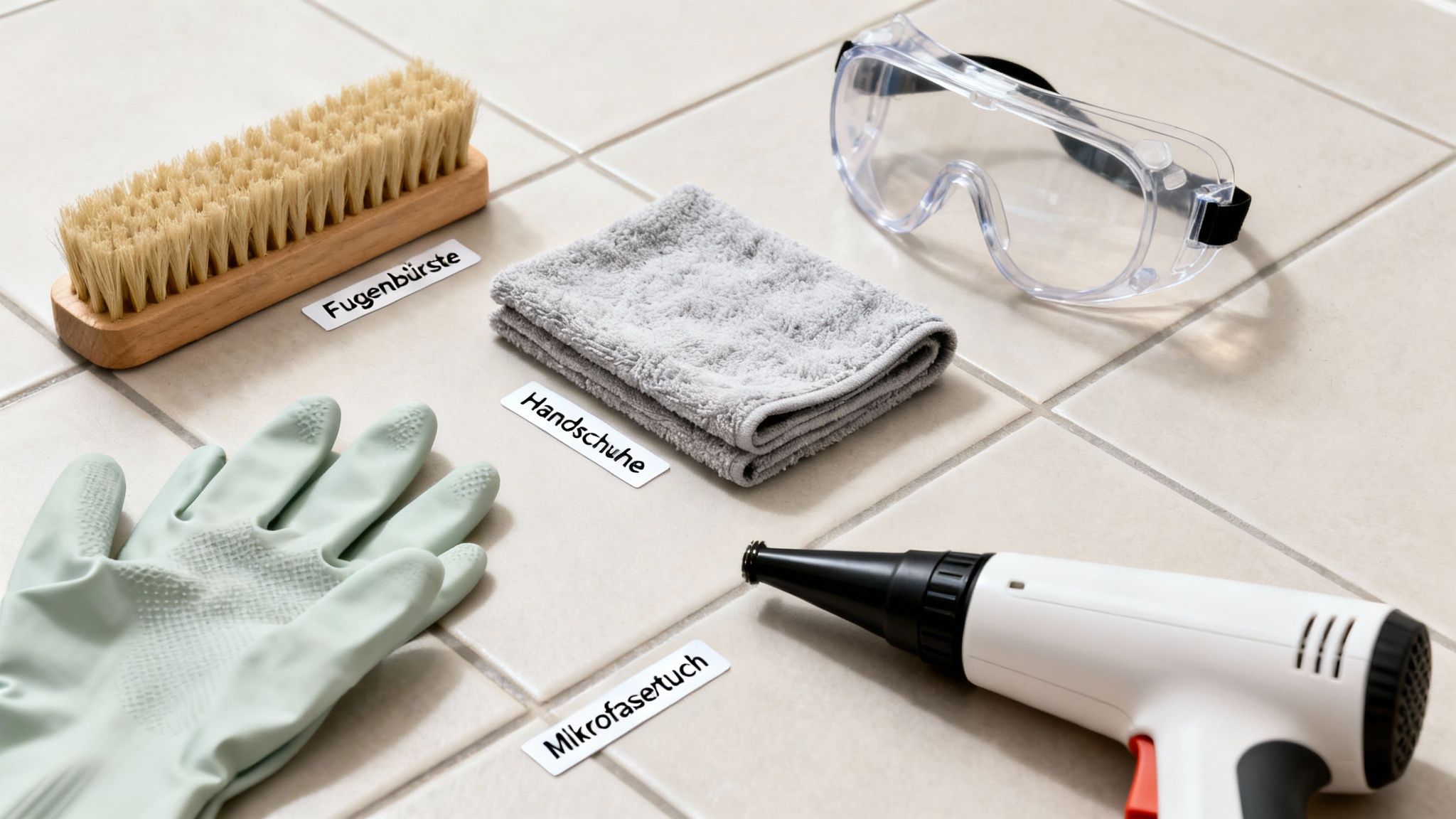 Reinigungswerkzeuge für Badezimmerfugen: Fugenbürste, Handschuhe, Mikrofasertuch, Schutzbrille und Heißluftpistole auf Fliesen.