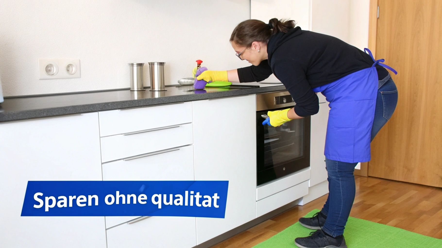 Frau mit Handschulen und Schürze reinigt die Küche, inklusive Arbeitsplatte und Backofen.