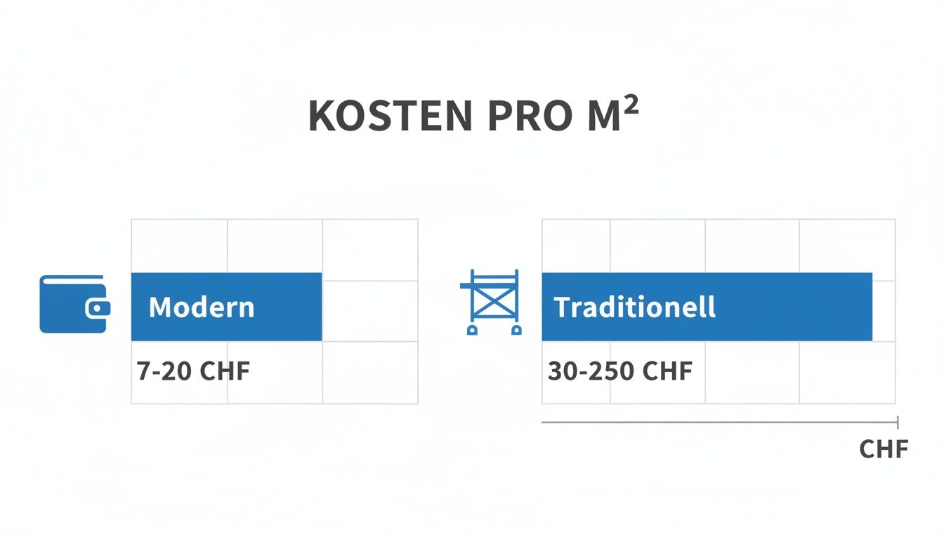Grafik vergleicht Kosten pro Quadratmeter für moderne (7-20 CHF) und traditionelle (30-250 CHF) Methoden.
