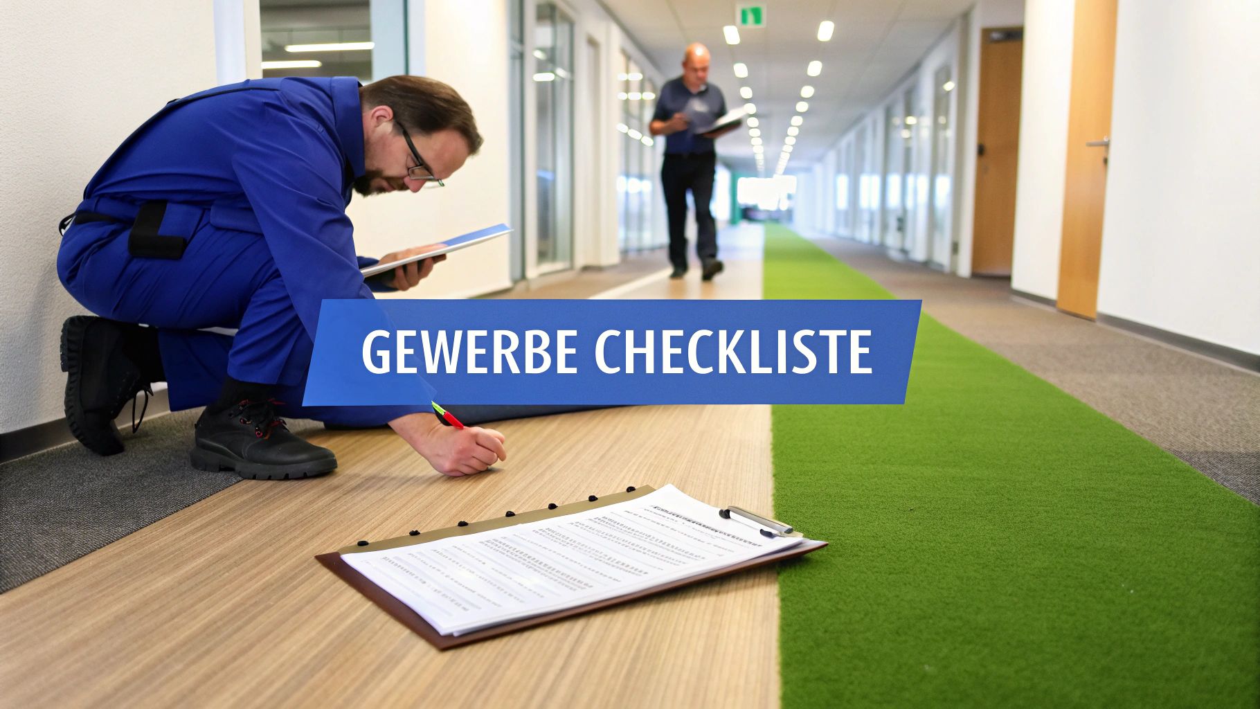 Ein Mann in blauer Arbeitskleidung überprüft eine Gewerbe-Checkliste in einem Büroflur.