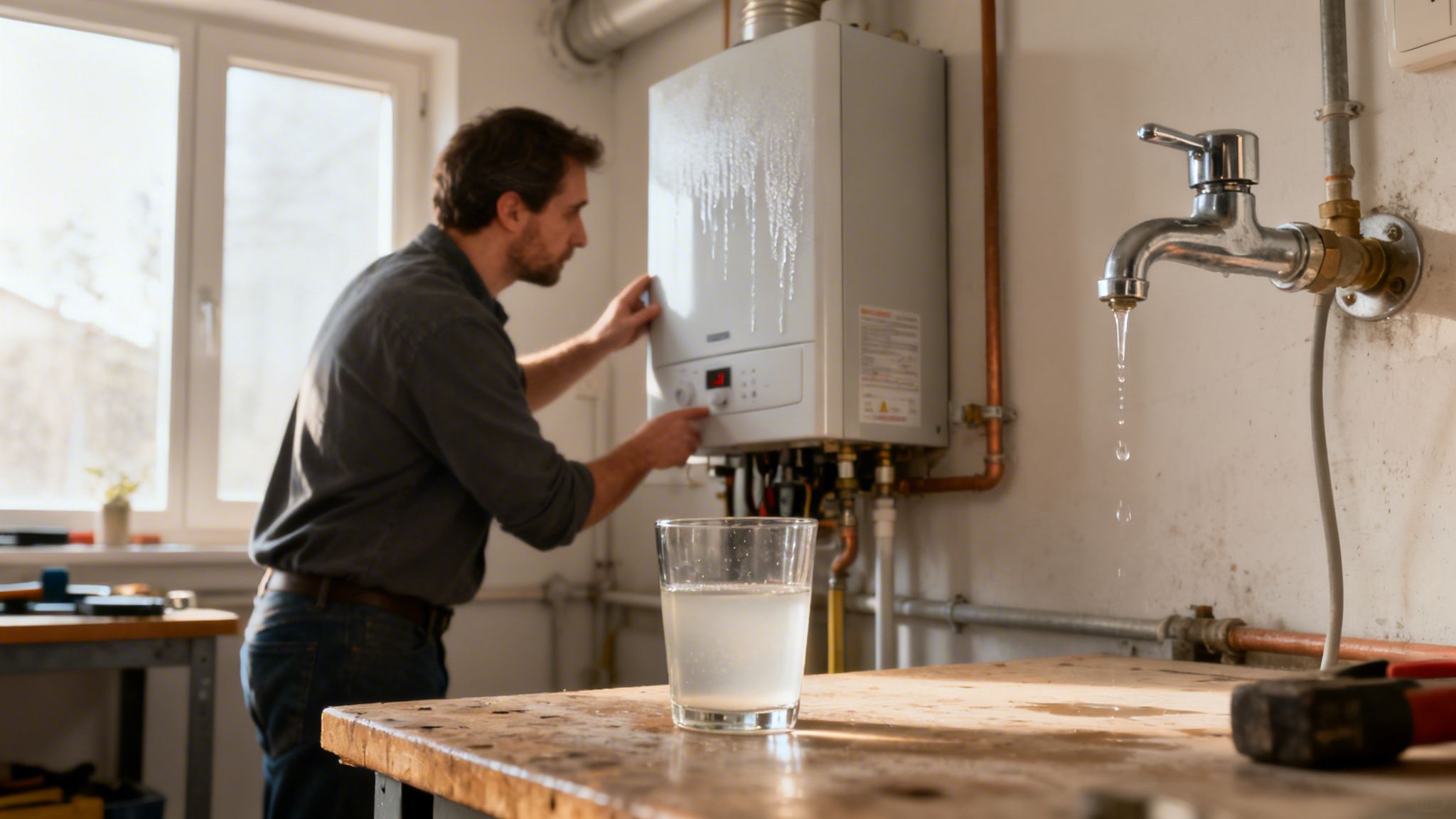 Mann überprüft und repariert einen undichten Boiler, während ein Wasserhahn tropft und ein Glas Wasser auf einer Werkbank steht.