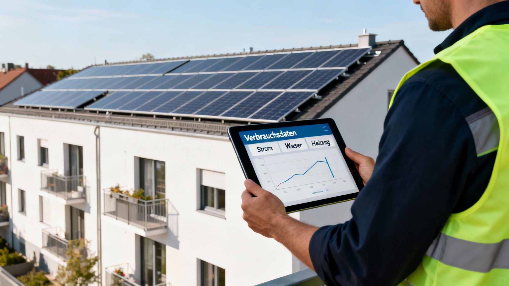 Ein Mann im Arbeitsshirt prüft Verbrauchsdaten auf einem Tablet vor einem Haus mit Solaranlagen.