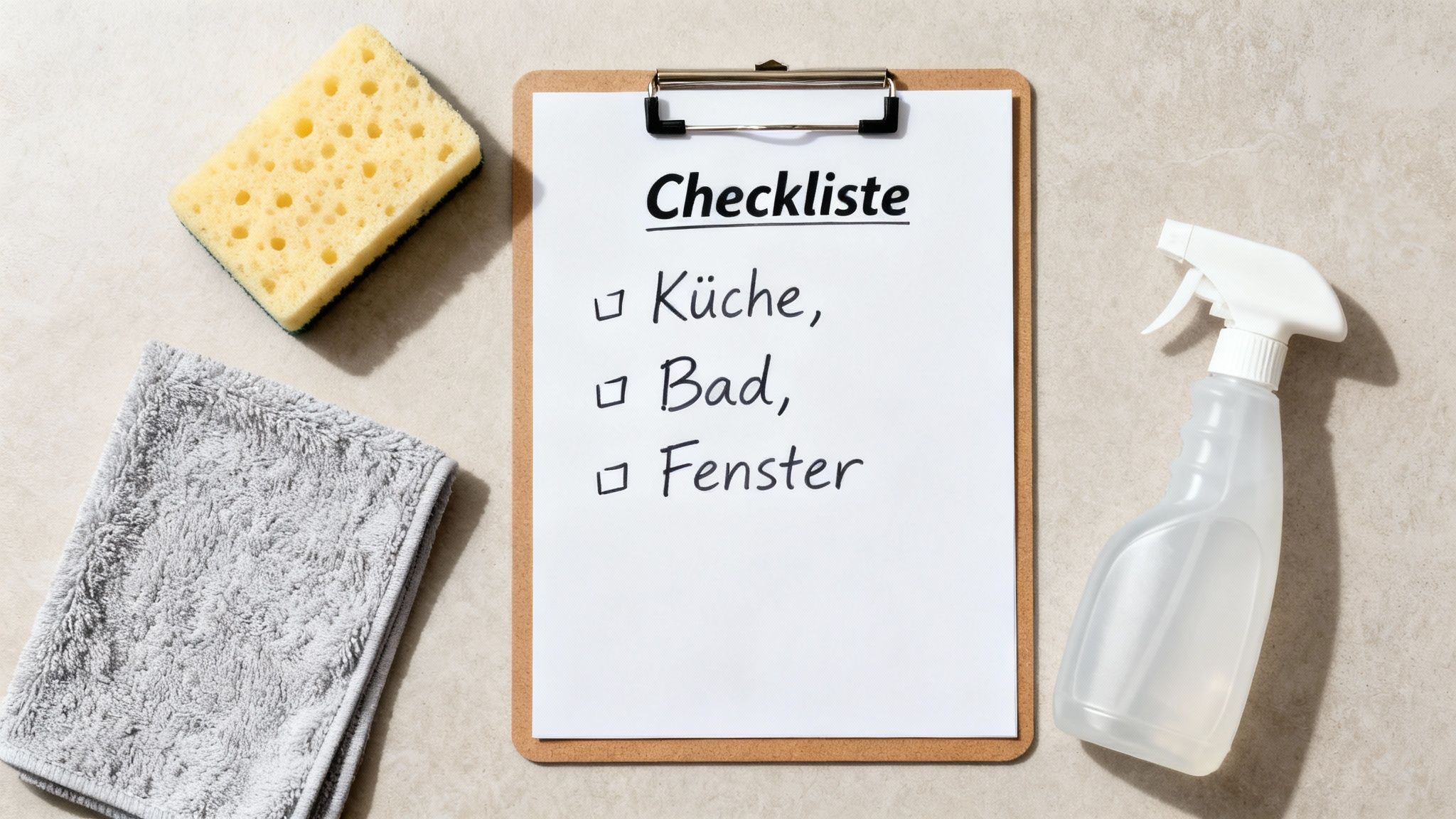 Reinigungsmittel wie Schwamm, Tuch und Sprühflasche liegen neben einer Checkliste für Küche, Bad und Fenster.