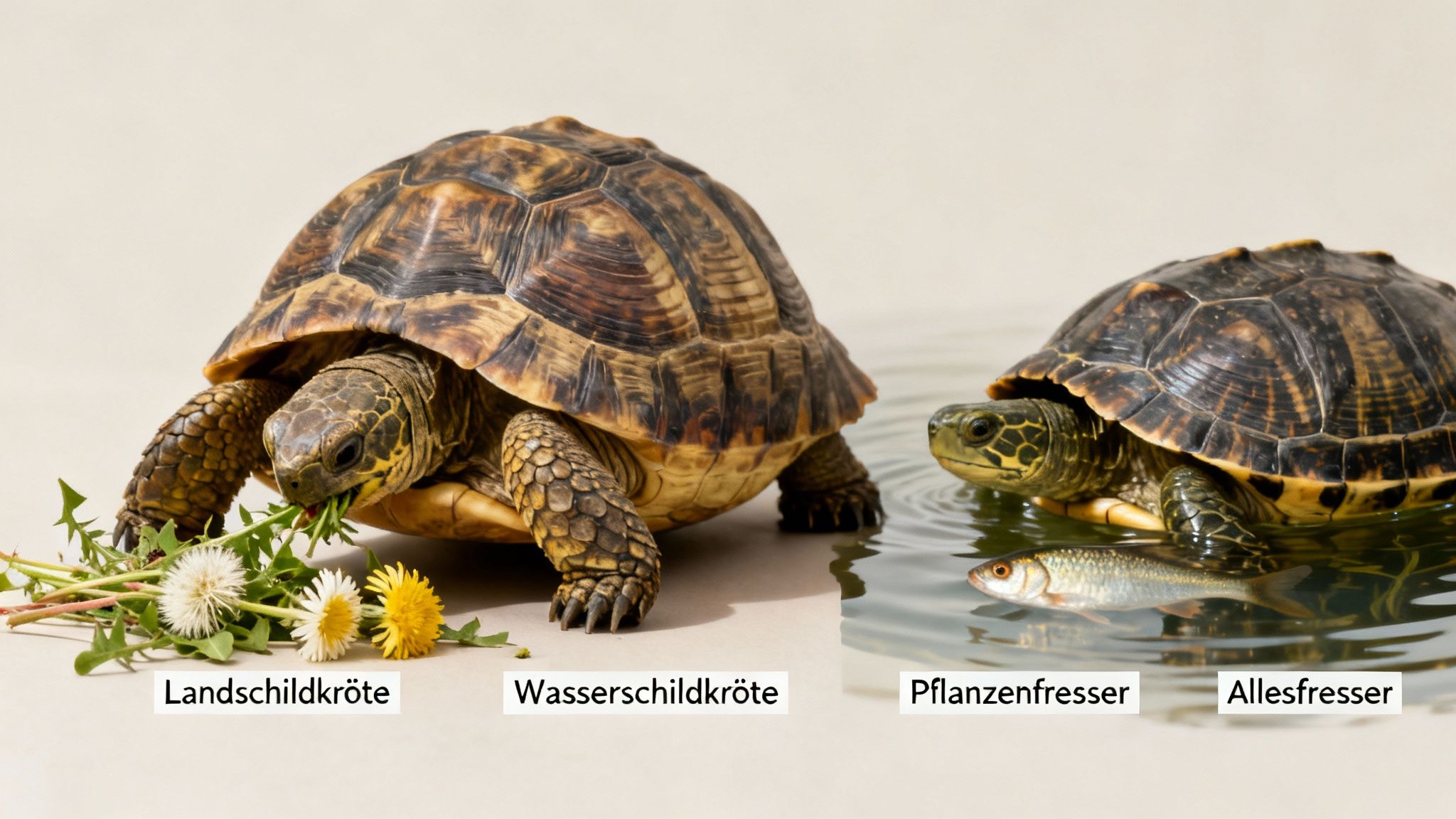 Zwei Schildkröten: eine Landschildkröte frisst Pflanzen, eine Wasserschildkröte mit einem Fisch im Wasser, illustrierend ihre Ernährung.