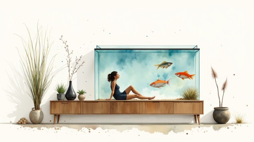 Ein schön eingerichtetes Süsswasseraquarium mit Fischen und Pflanzen.