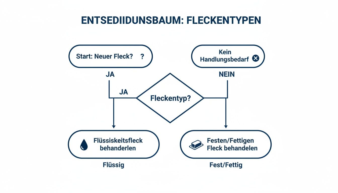 Flussdiagramm zur Klassifizierung von Flecken nach Typ (flüssig oder fest/fettig) und empfohlener Behandlung.