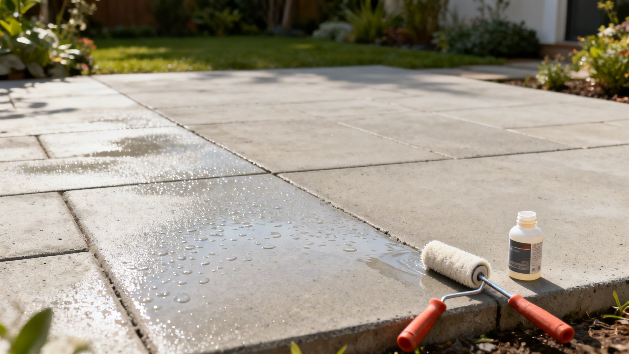 Eine Terrasse aus Betonplatten wird versiegelt oder gereinigt. Wassertropfen und ein Roller liegen auf den Platten.