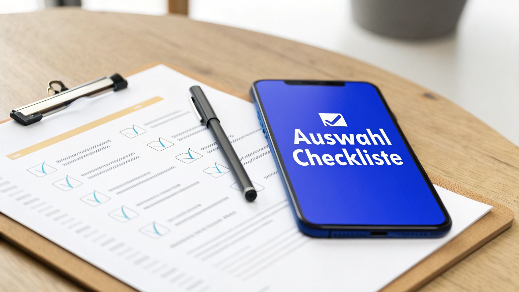 Eine Person hält einen Stift und geht eine Checkliste auf einem Klemmbrett durch, im Hintergrund ist ein sauberes Büro zu sehen.