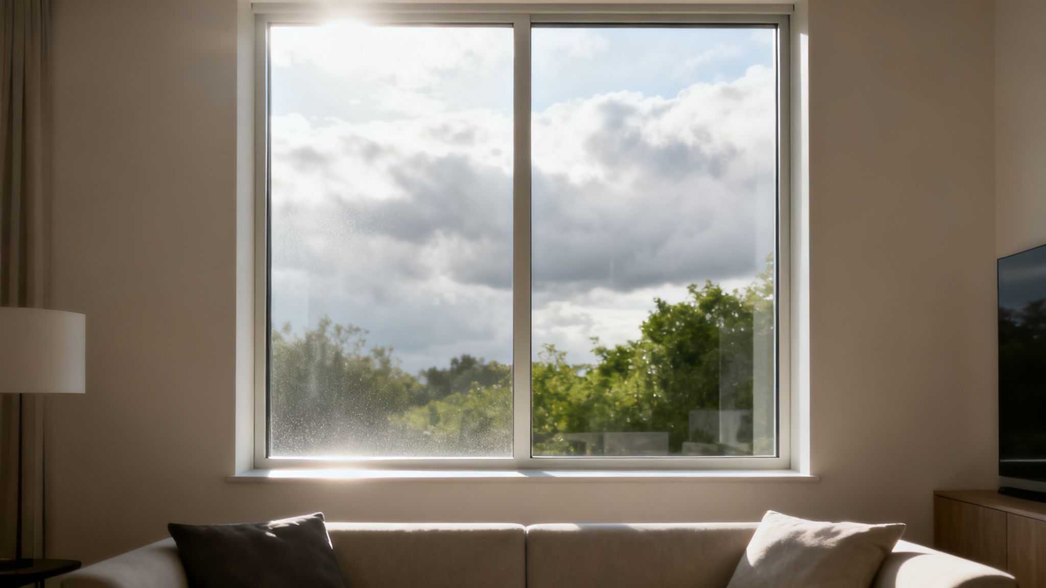 Blick durch ein Fenster mit Sonnenlicht auf bewölkten Himmel und Bäume, leichte Verschmutzung erkennbar.