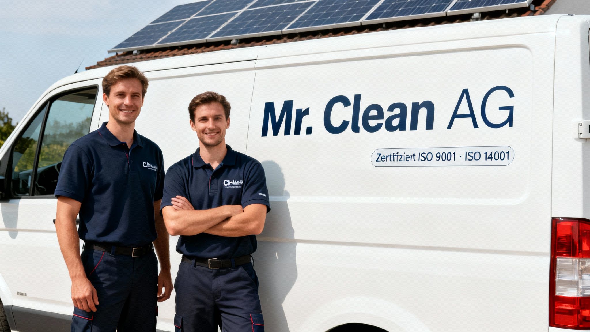 Zwei lächelnde Männer in Arbeitskleidung vor einem Mr. Clean AG Transporter mit Solarpanelen im Hintergrund.