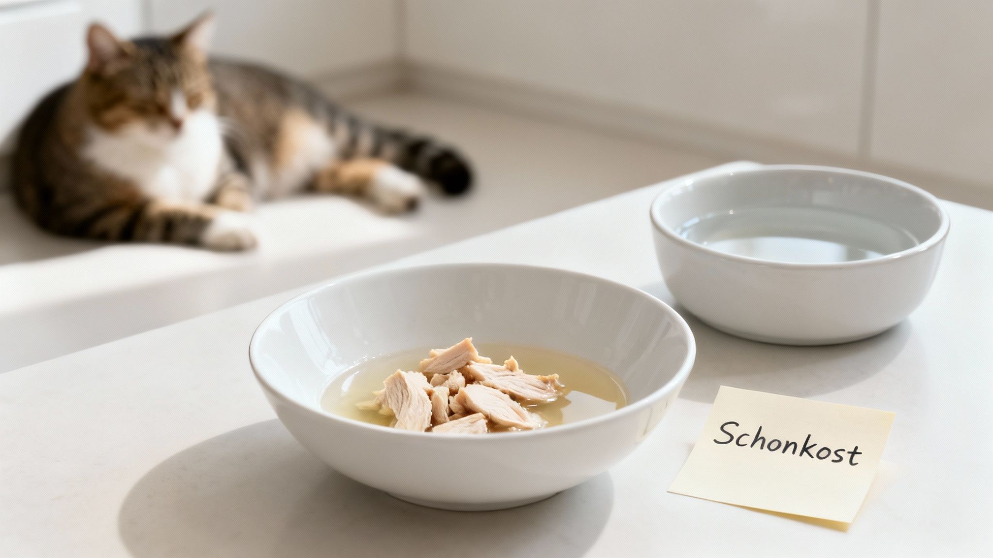 Eine Katze liegt im Hintergrund, während im Vordergrund eine Schale mit Schonkost (Hühnerfleisch in Brühe) und Wasser bereitsteht.