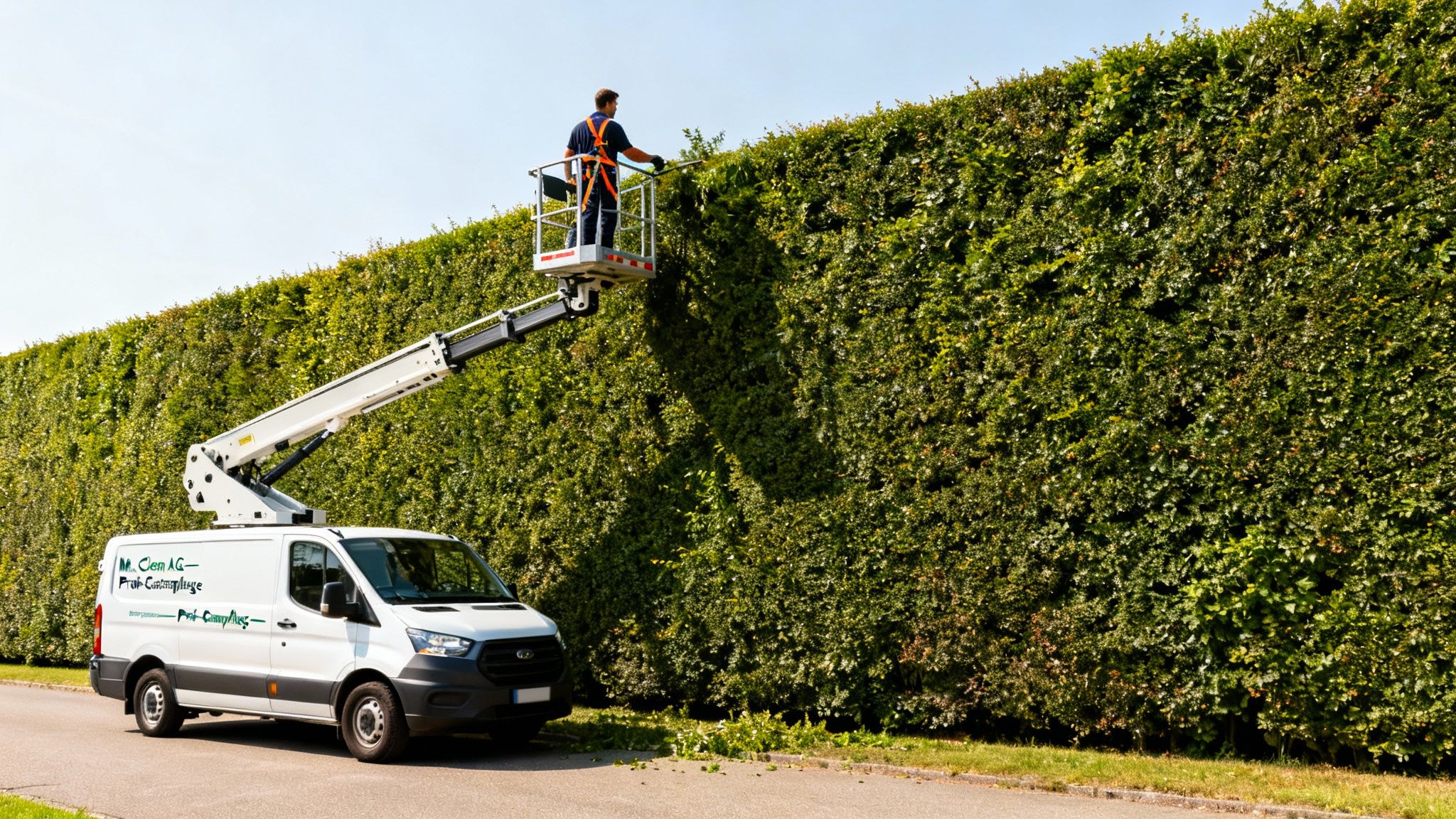 Ein Mann schneidet eine hohe Hecke mit einer Heckenschere von einer Hebebühne aus.