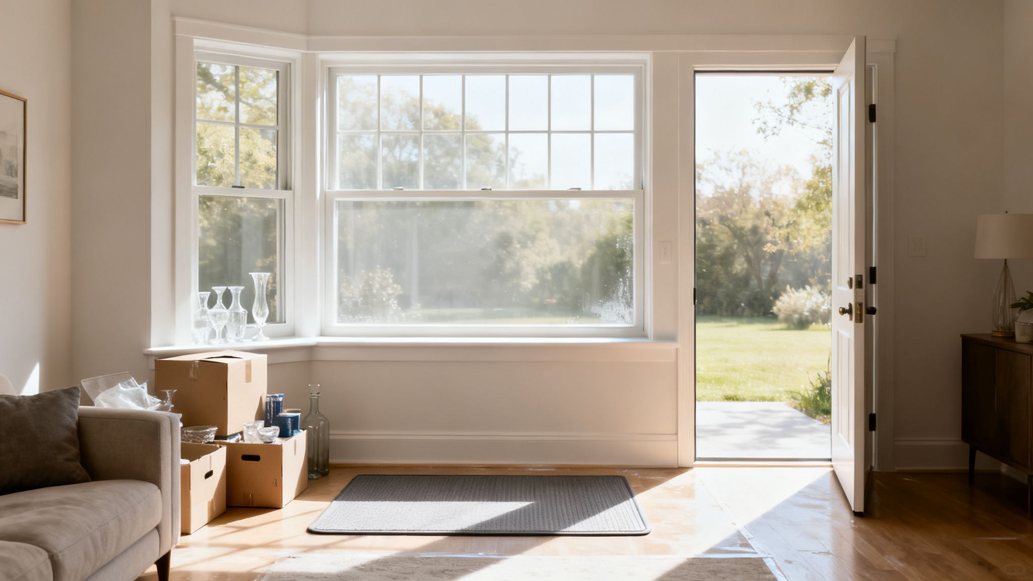 Helles Wohnzimmer mit großen, sauberen Fenstern und offener Tür zu einem sonnigen Garten.