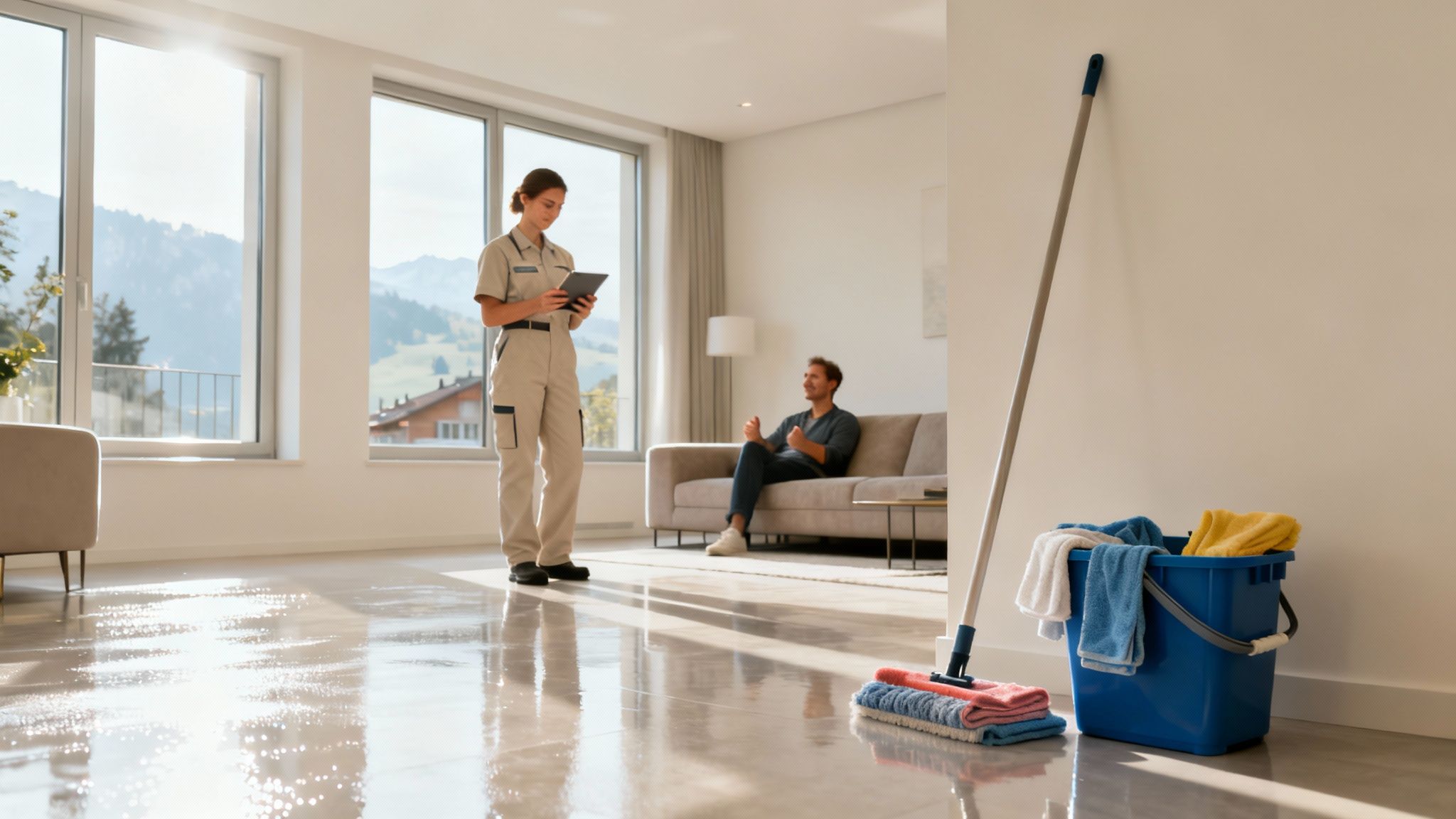 Eine professionelle Reinigungskraft mit Tablet steht in einer frisch gereinigten Wohnung, ein Kunde sitzt auf dem Sofa.