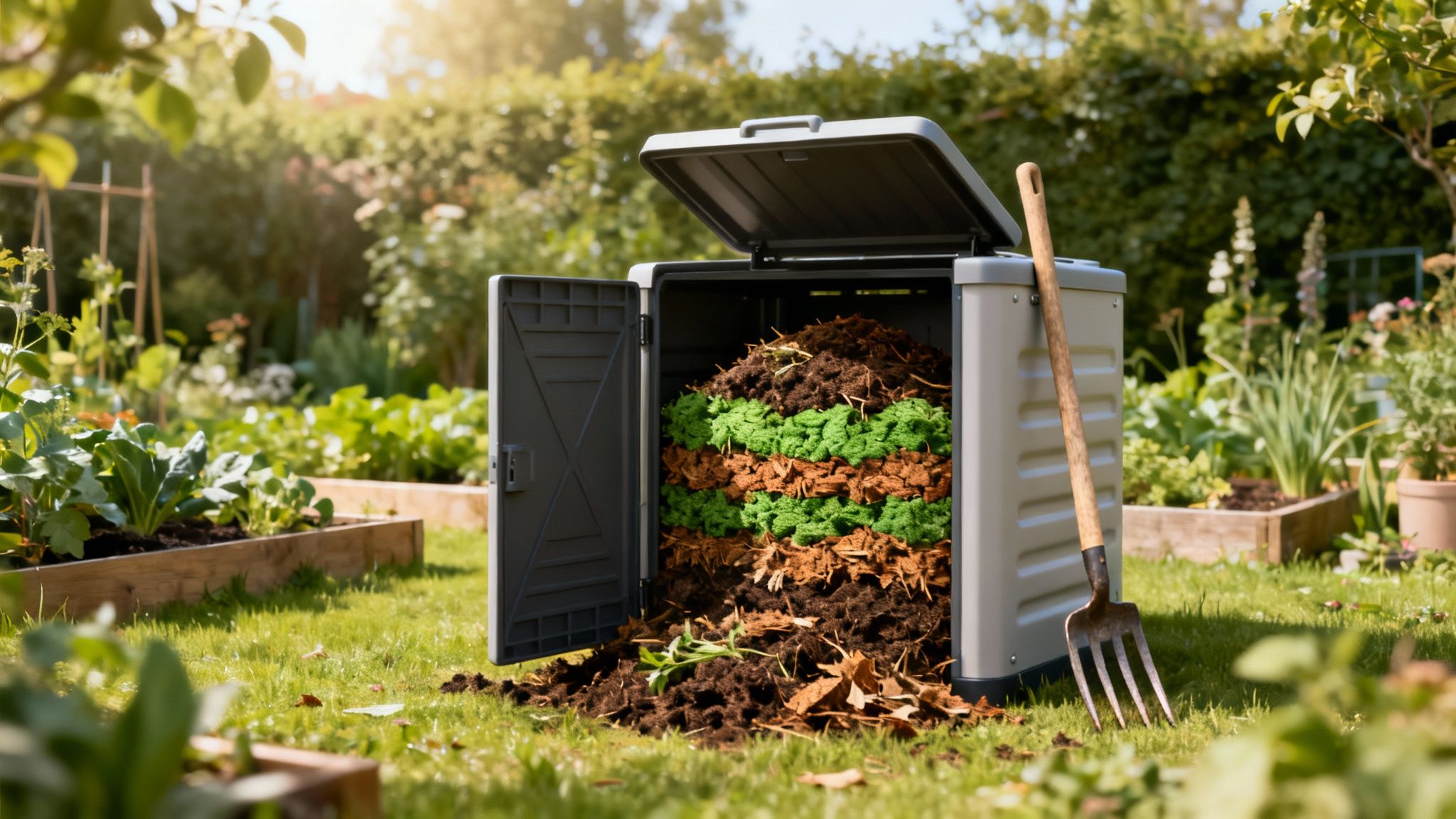 Ein offener Komposter im Garten, gefüllt mit verschiedenen Schichten organischen Materialien. Eine Mistgabel lehnt am Behälter.