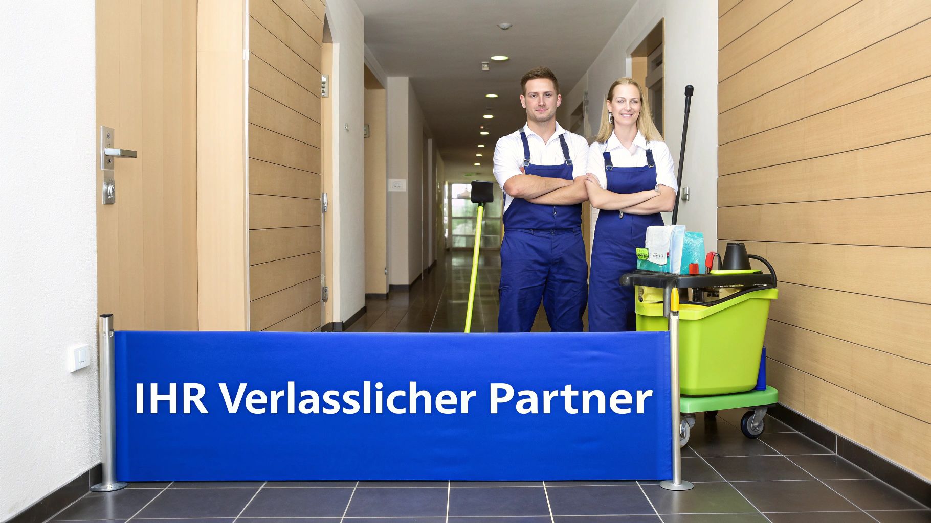 Ein Team von Mr. Clean AG in professioneller Uniform arbeitet koordiniert in einer hellen Wohnung, was Vertrauen und Kompetenz ausstrahlt.