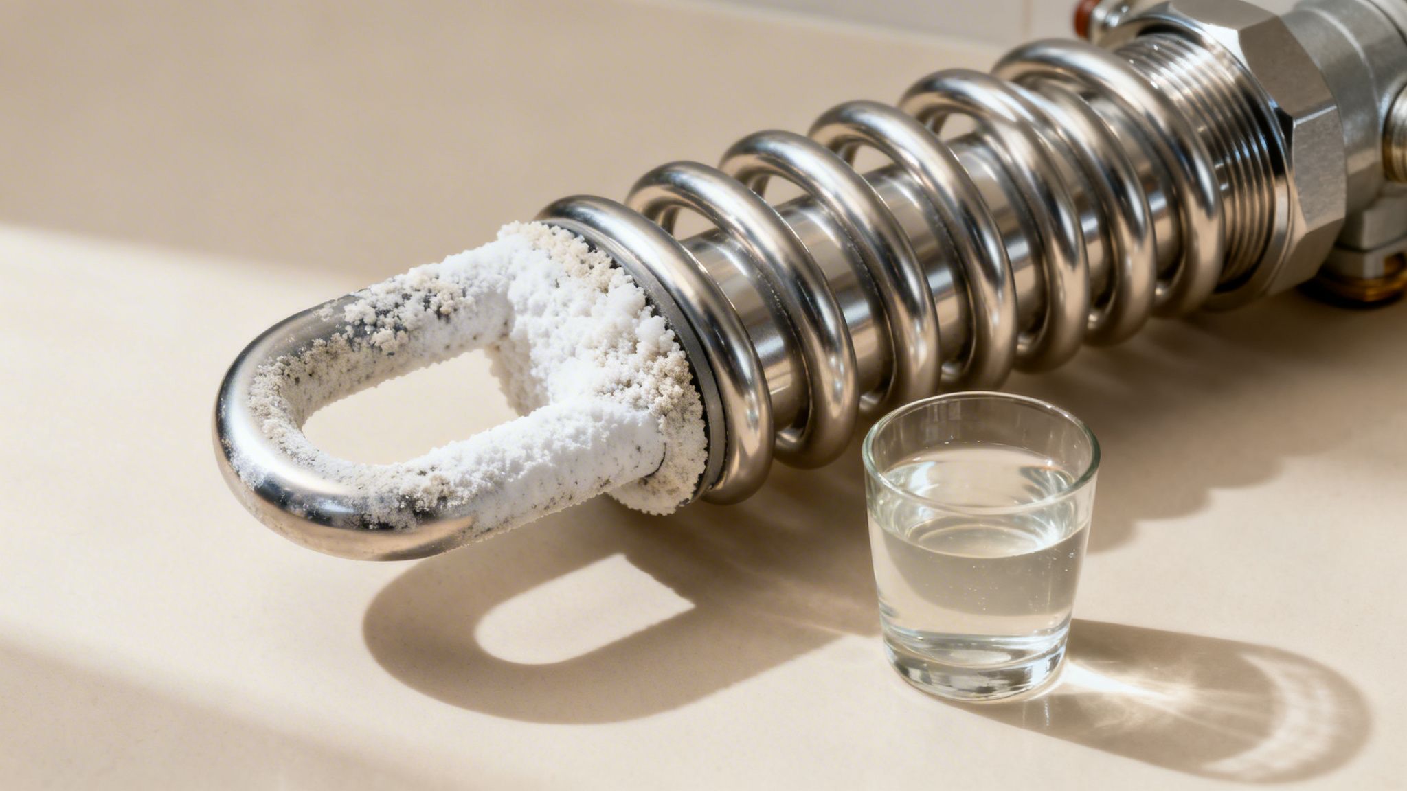 Stark verkalktes Heizelement eines Boilers neben einem Glas Wasser zeigt die Notwendigkeit der Entkalkung.