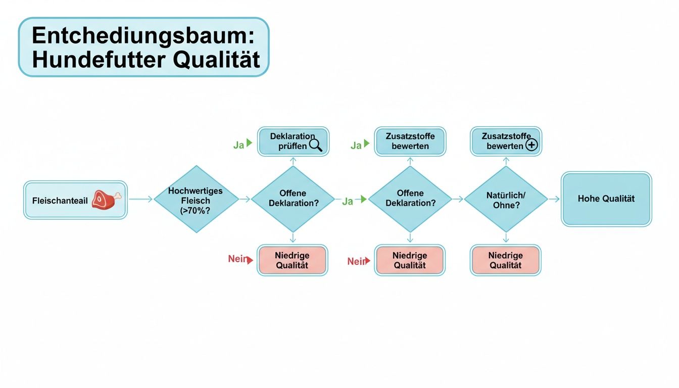 Entscheidungsbaum zur Bewertung der Hundefutterqualität basierend auf Fleischanteil, Deklaration und Zusatzstoffen.