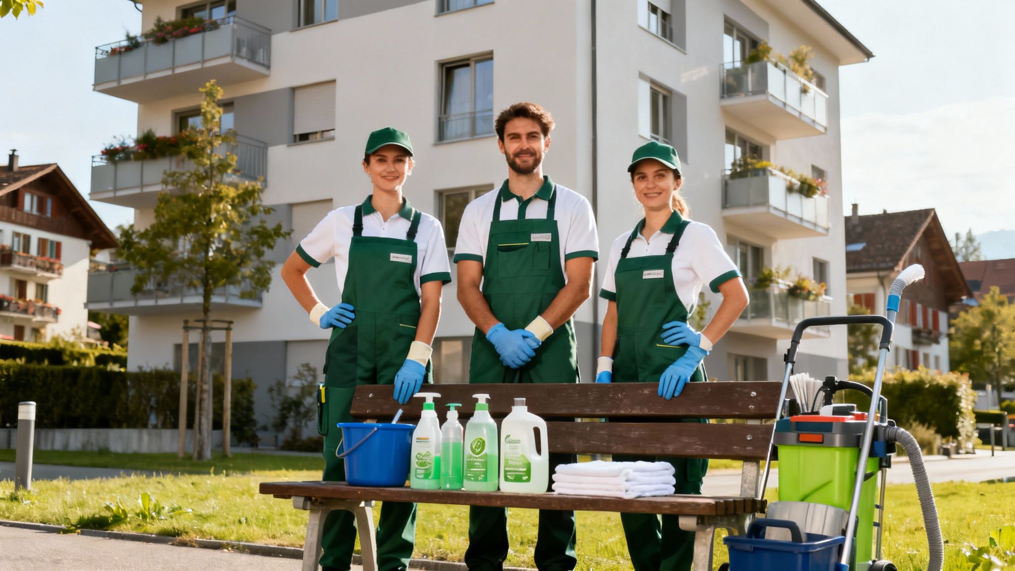 Drei professionelle Reinigungskräfte in grünen Uniformen stehen lächelnd mit Reinigungszubehör vor Wohngebäuden.