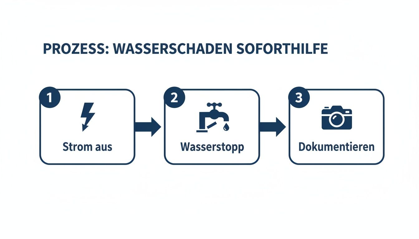 Infografik zeigt den dreistufigen Prozess bei Wasserschaden Soforthilfe: Strom aus, Wasserstopp, Dokumentieren.