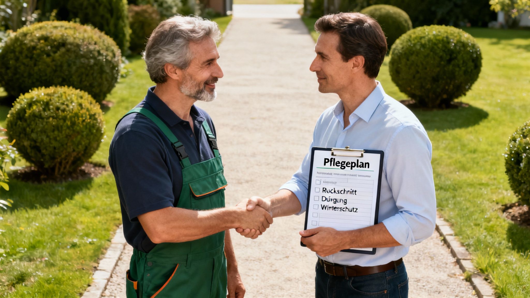 Ein Gärtner und ein Kunde schütteln sich im Garten die Hände und besprechen einen Pflegeplan.