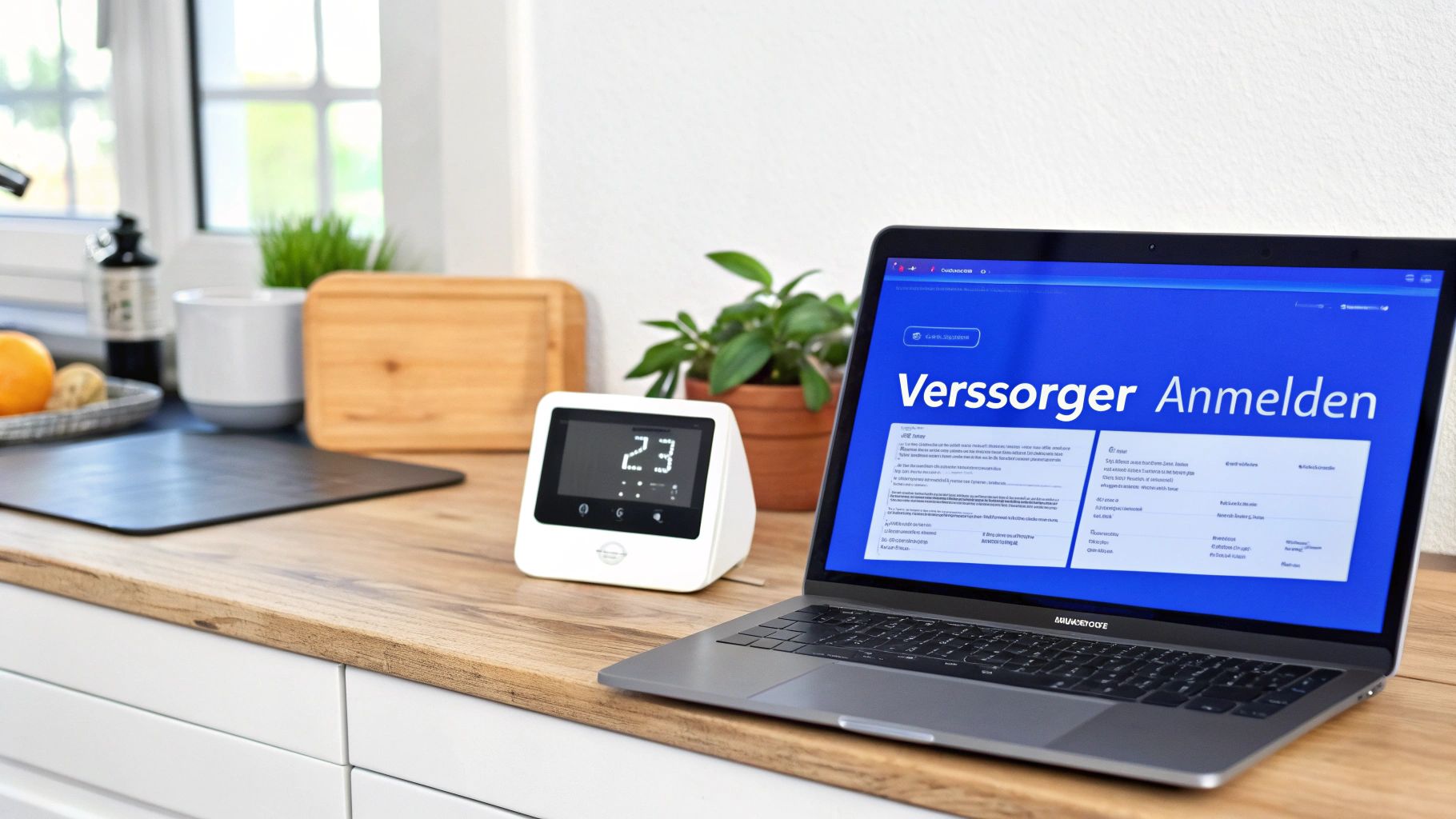 Laptop mit Anmeldeseite für Versorger und digitaler Zeitanzeige auf Küchenarbeitsplatte.