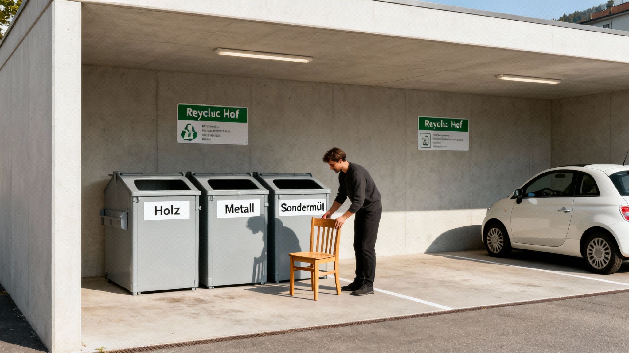 Mann entsorgt einen Holzstuhl im Recyclinghof. Behälter für Holz, Metall und Sondermüll sind sichtbar, daneben ein Auto.
