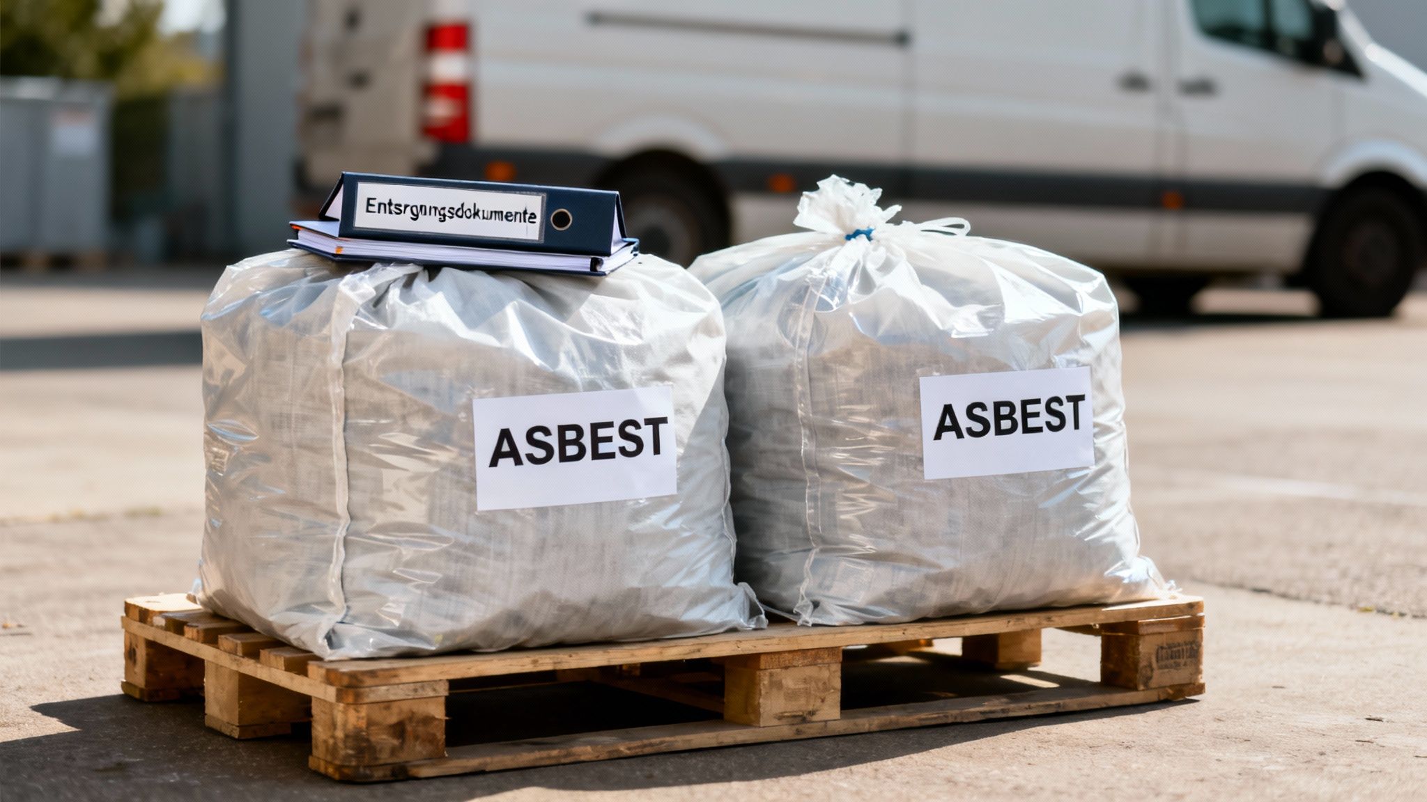 Zwei Säcke mit Asbestabfall und Entsorgungsdokumenten auf einer Holzpalette, bereit zur Abholung.