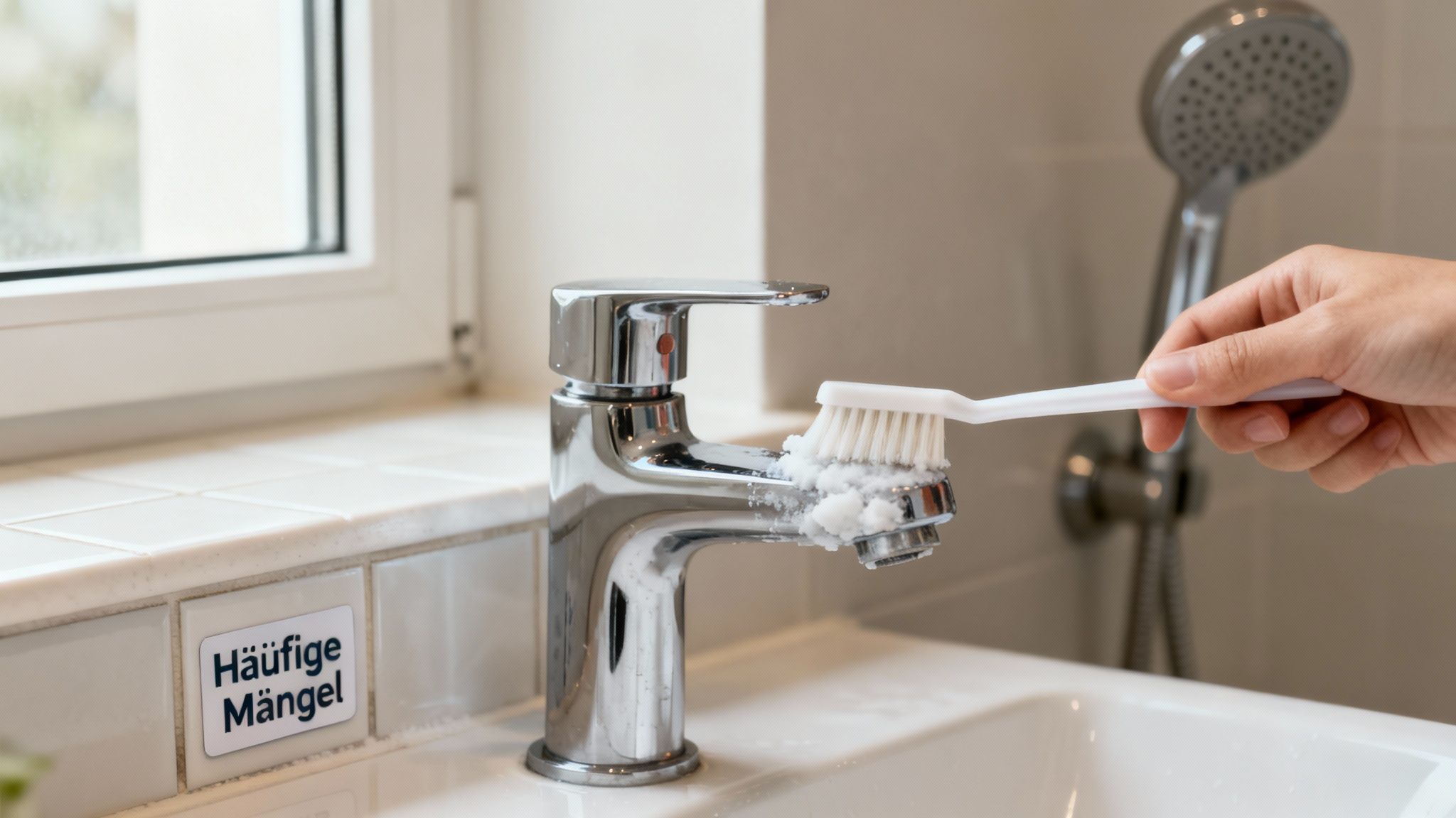 Eine Hand reinigt einen glänzenden Wasserhahn mit einer weißen Bürste und Reinigungsmittel. Im Hintergrund ist ein Fenster und ein Schild.